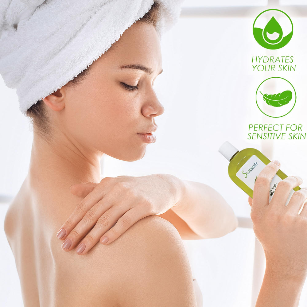 Soapeauty Extra Virgin Olive Oil bottle pour demonstrates easy, even distribution