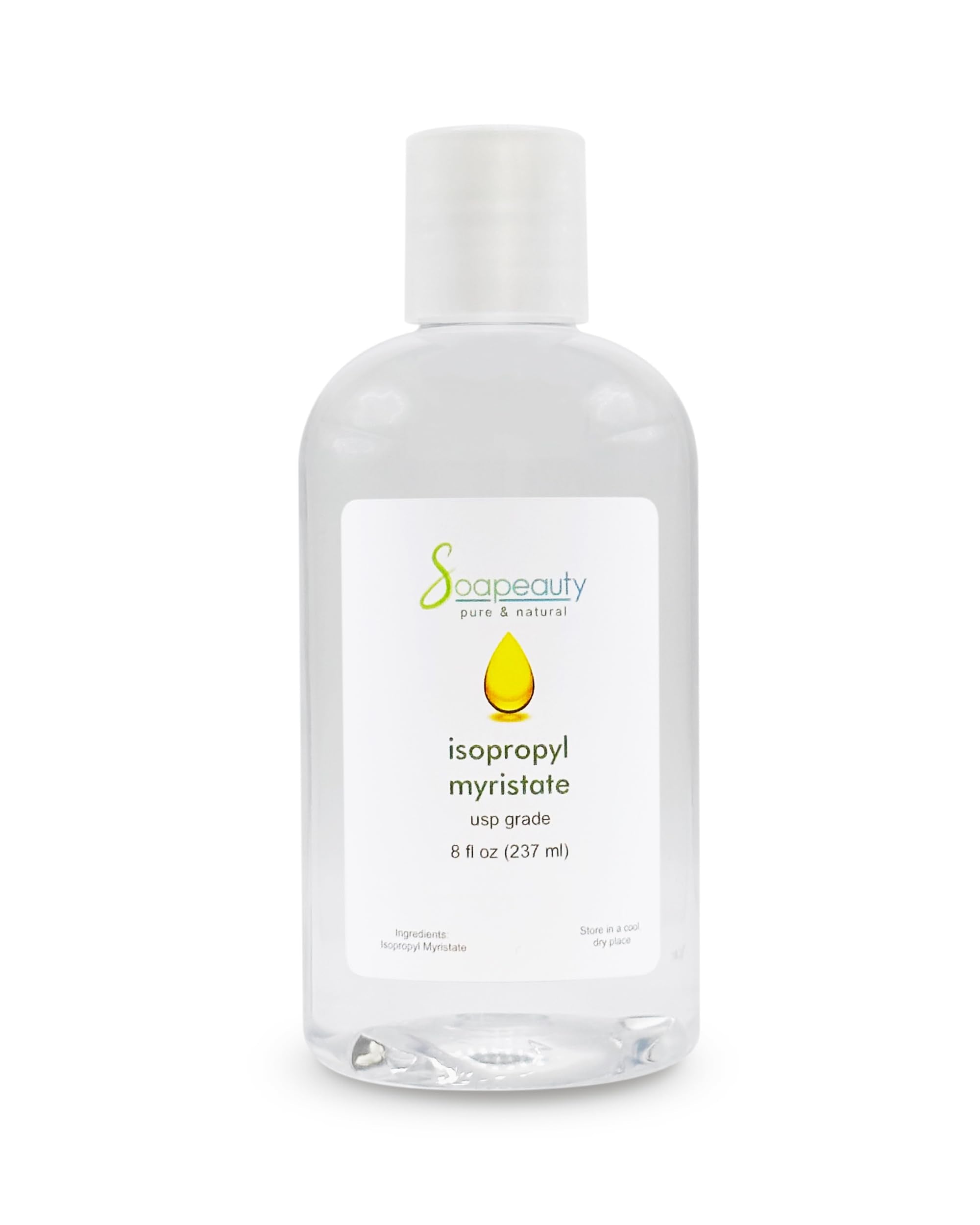 Soapeauty Isopropyl Myristate bottle closeup reveals a silky cosmetic-grade emollient.