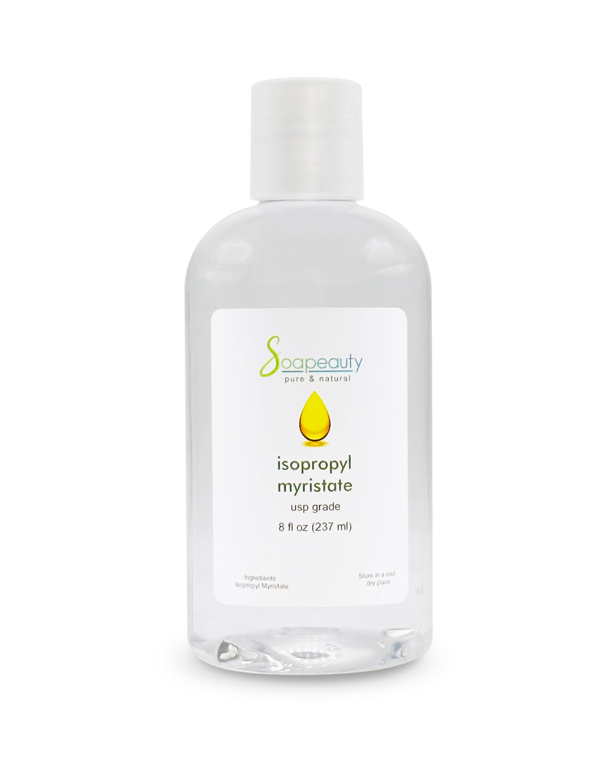 Soapeauty Isopropyl Myristate bottle closeup reveals a silky cosmetic-grade emollient.