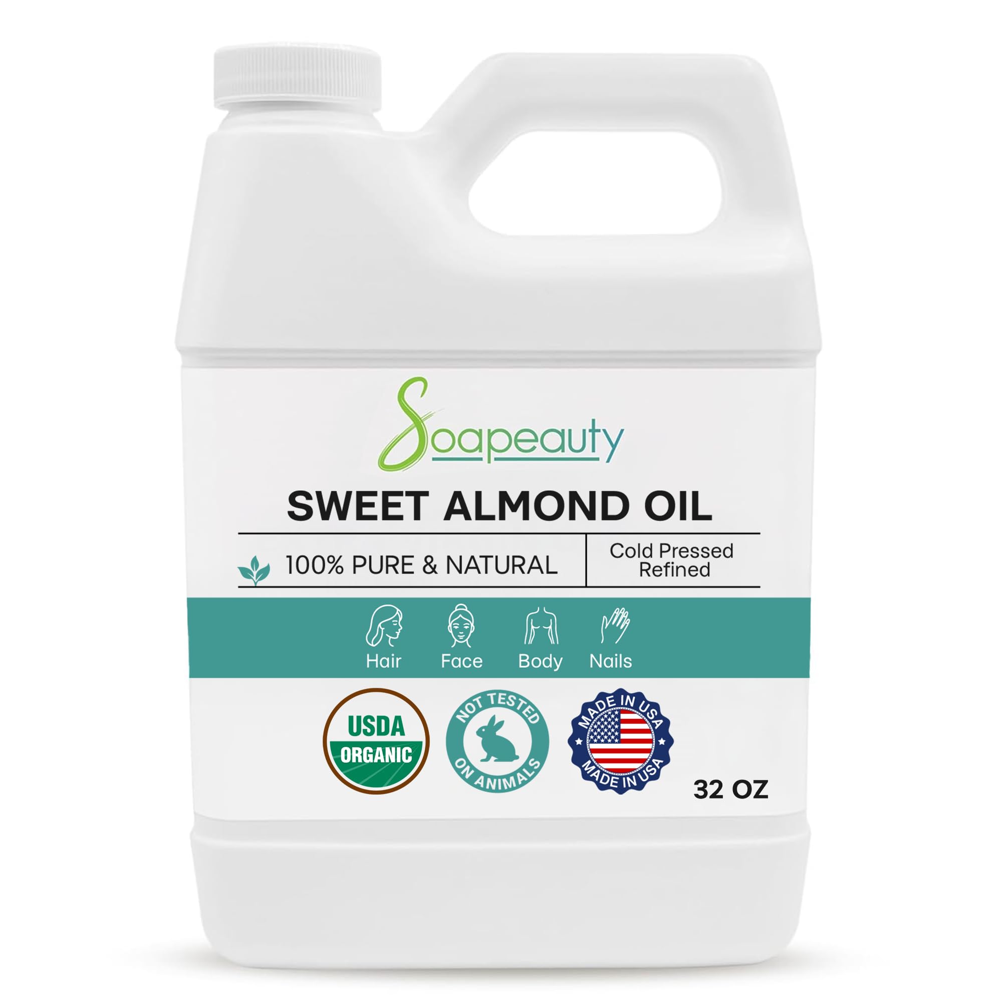Soapeauty Sweet Almond Oil bottle showing purity for skin, hair, and massage
