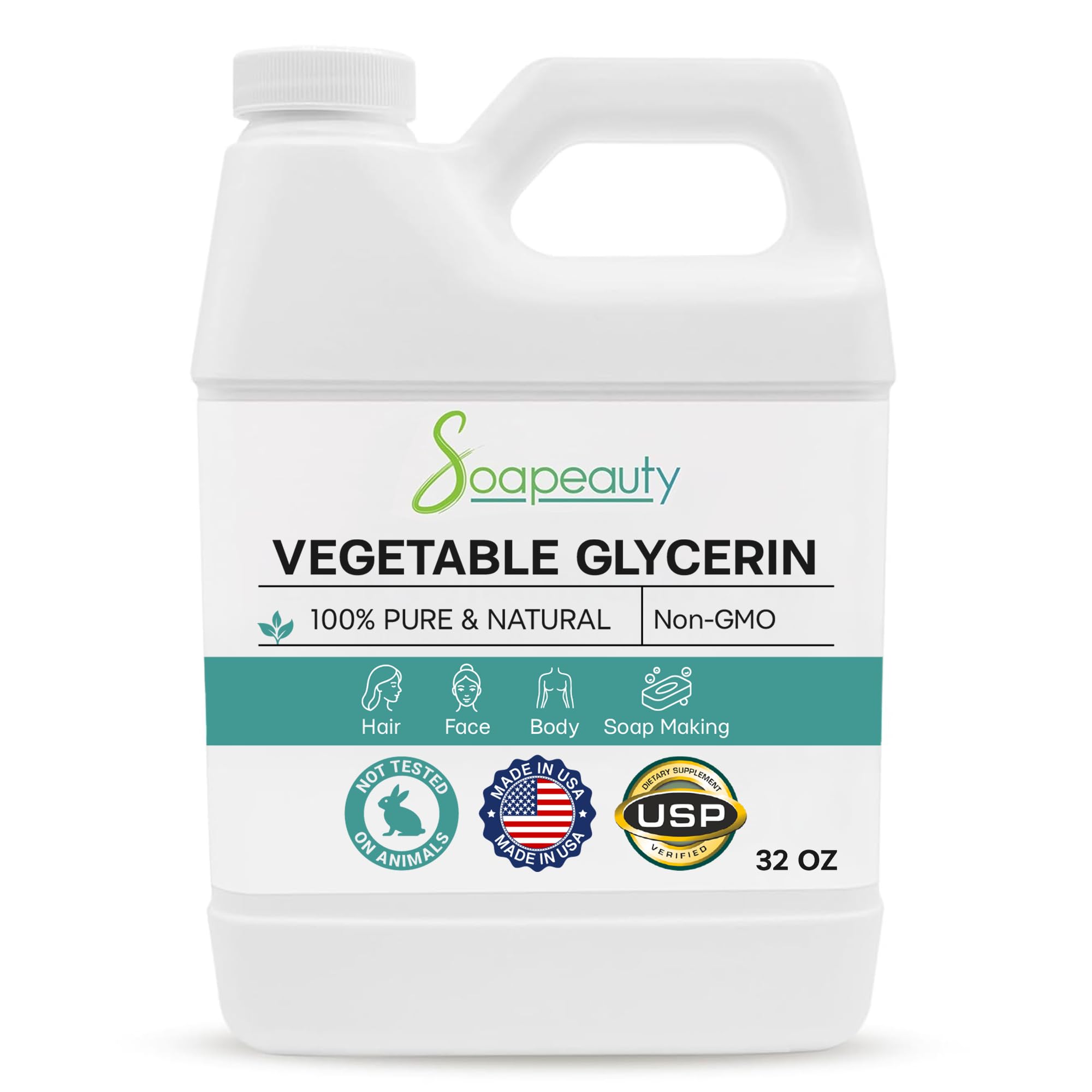 Soapeauty Vegetable Glycerin bottle on counter showing product for skin moisture support.