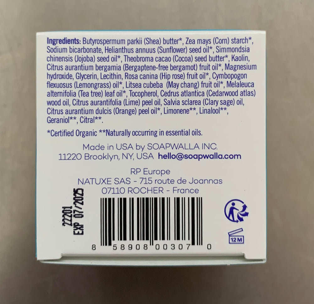 Soapwalla ingredients label vegan cruelty-free badge emphasizing clean ingredients.