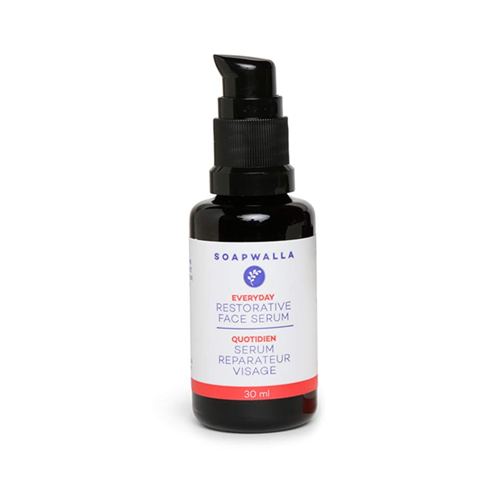 Soapwalla Restorative Facial Serum bottle with pump promotes hydration.