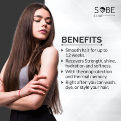 SOBE LUXE frizz-elimination close-up highlights lasting shine.