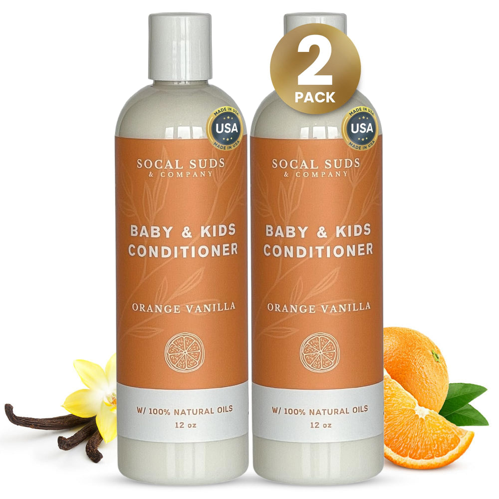 SoCal Suds & Company baby conditioner bottle in orange vanilla ready for gentle detangling
