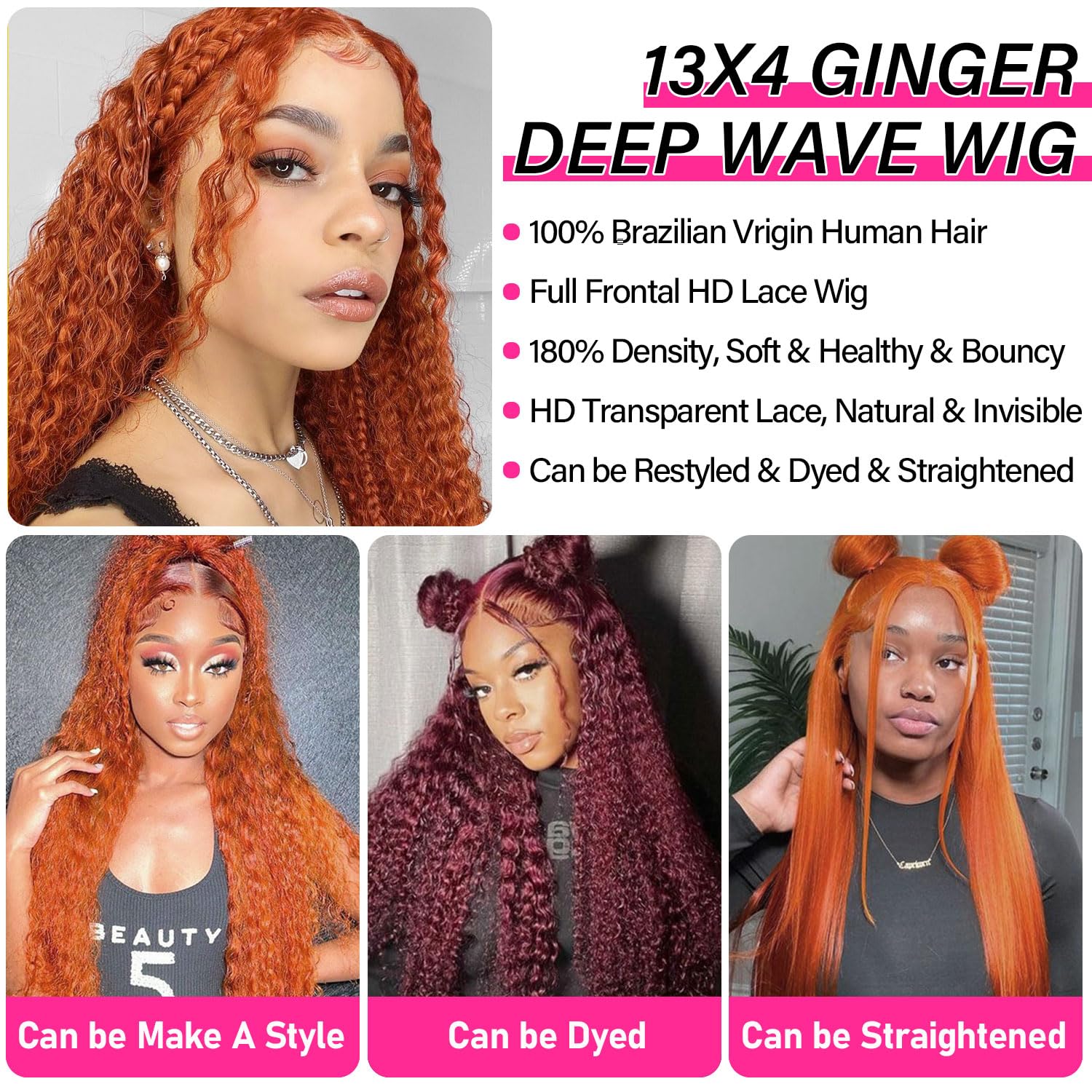 Pre-plucked ginger wig with natural hairline for seamless parting and styling