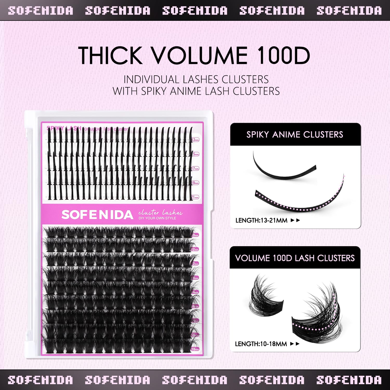 Sofenida 100D cluster lashes in 10-18mm create wispy volume and depth.