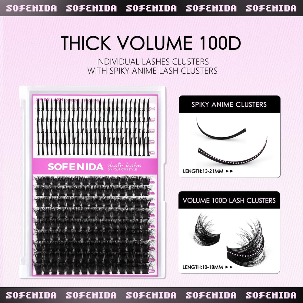 Sofenida 100D cluster lashes in 10-18mm create wispy volume and depth.