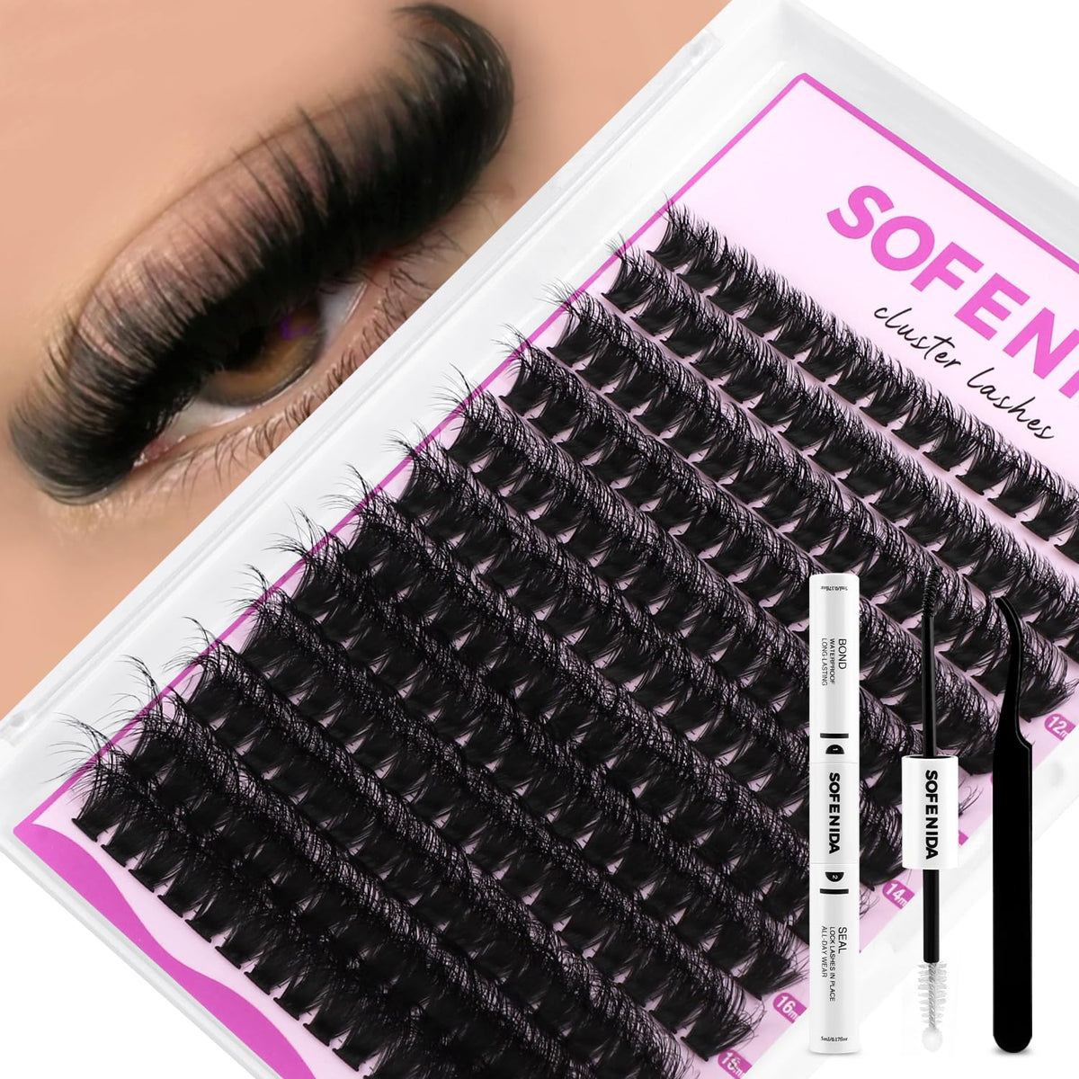 SOFENIDA 80D lash clusters with D curl for dramatic volume.