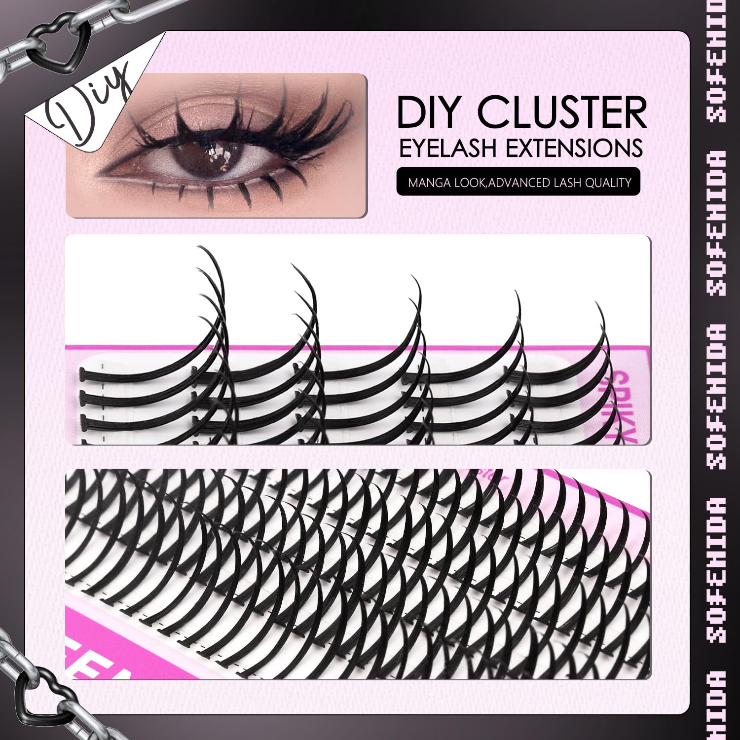 Sofenida D-curvature lash clusters inspire dramatic, customizable lash designs.