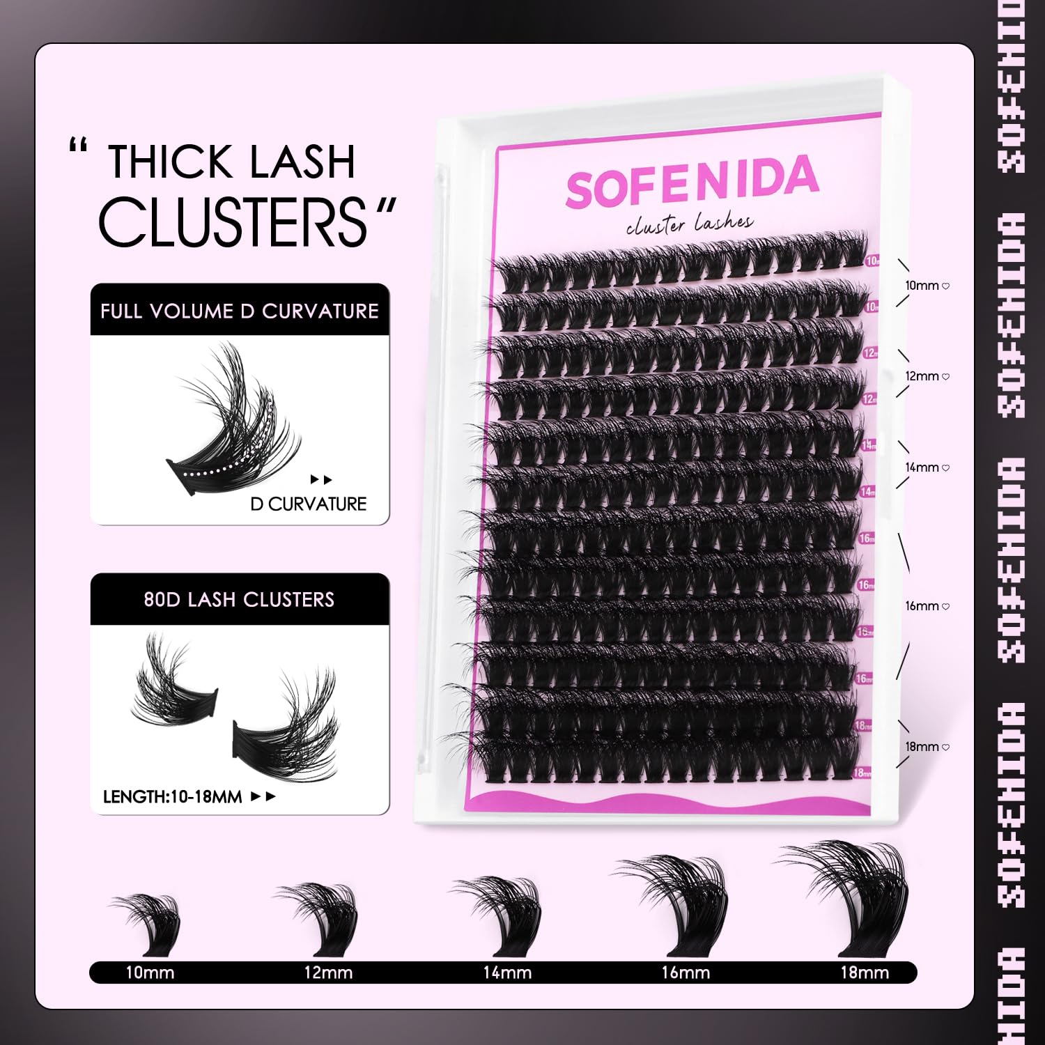 SOFENIDA 10-18mm lash clusters mix for effortless voluminous lashes.