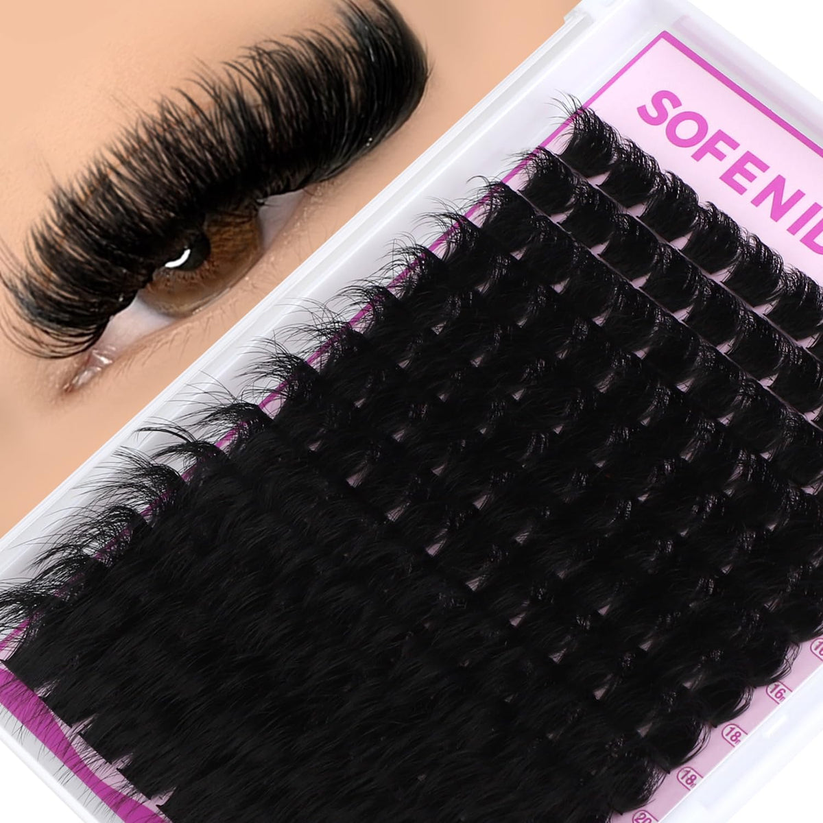 Sofenida Lash Clusters 300D with D-curvature for bold volume.