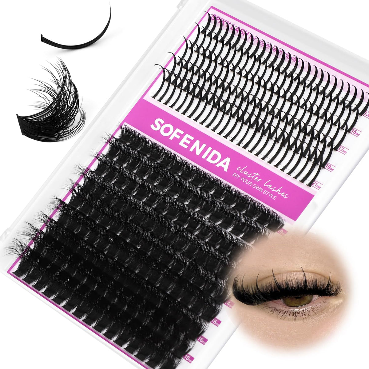 Sofenida lash clusters spike 13-21mm for bold, dramatic anime-inspired eyes.