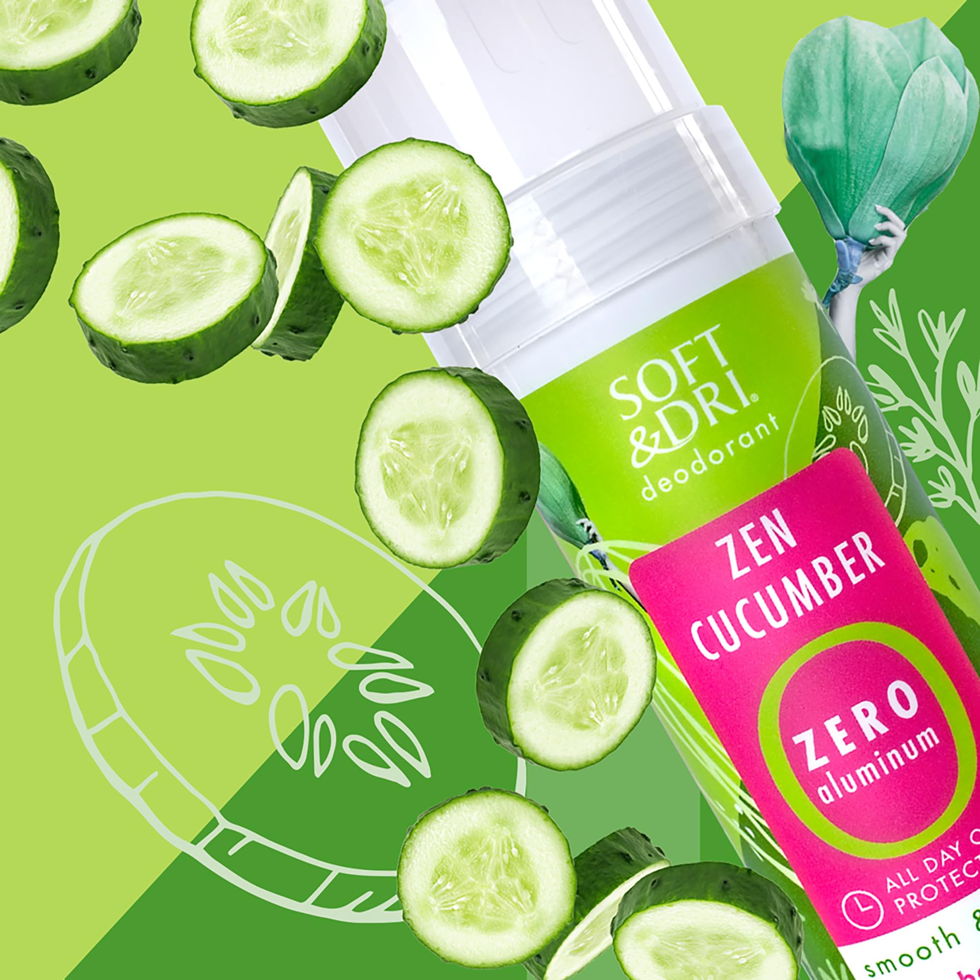 Soft & Dri Zen Cucumber deodorant with Zen Cucumber scent for calm, fresh protection.