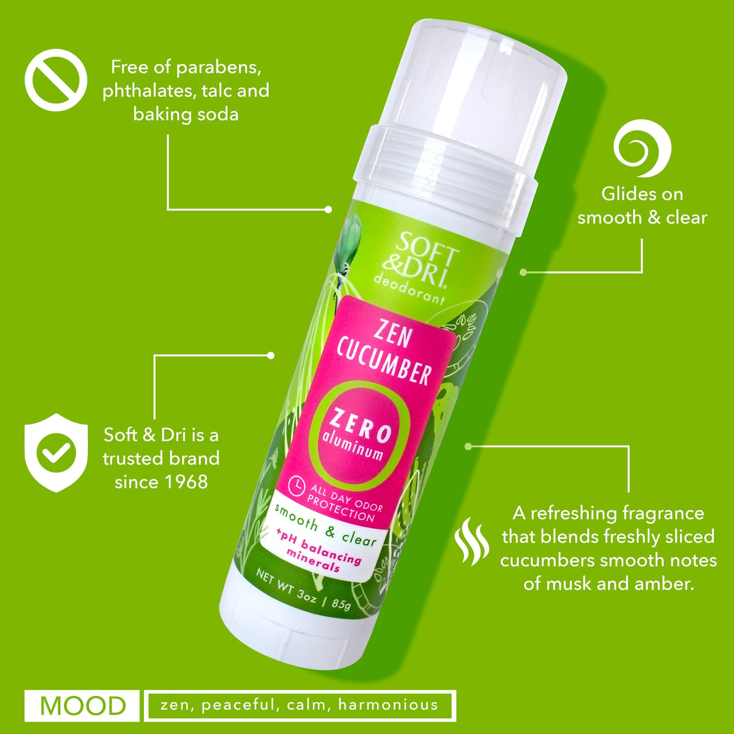 Soft & Dri Zen Cucumber deodorant in portable case fits purse or gym bag.