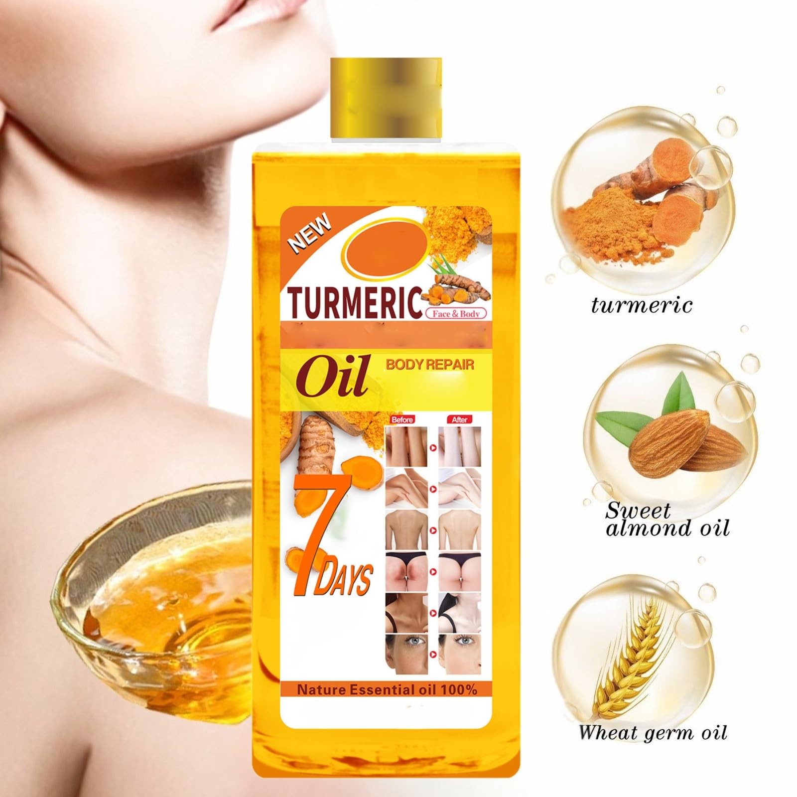 Soft7 Turmeric Oil pour action showing lightweight, non-greasy texture.