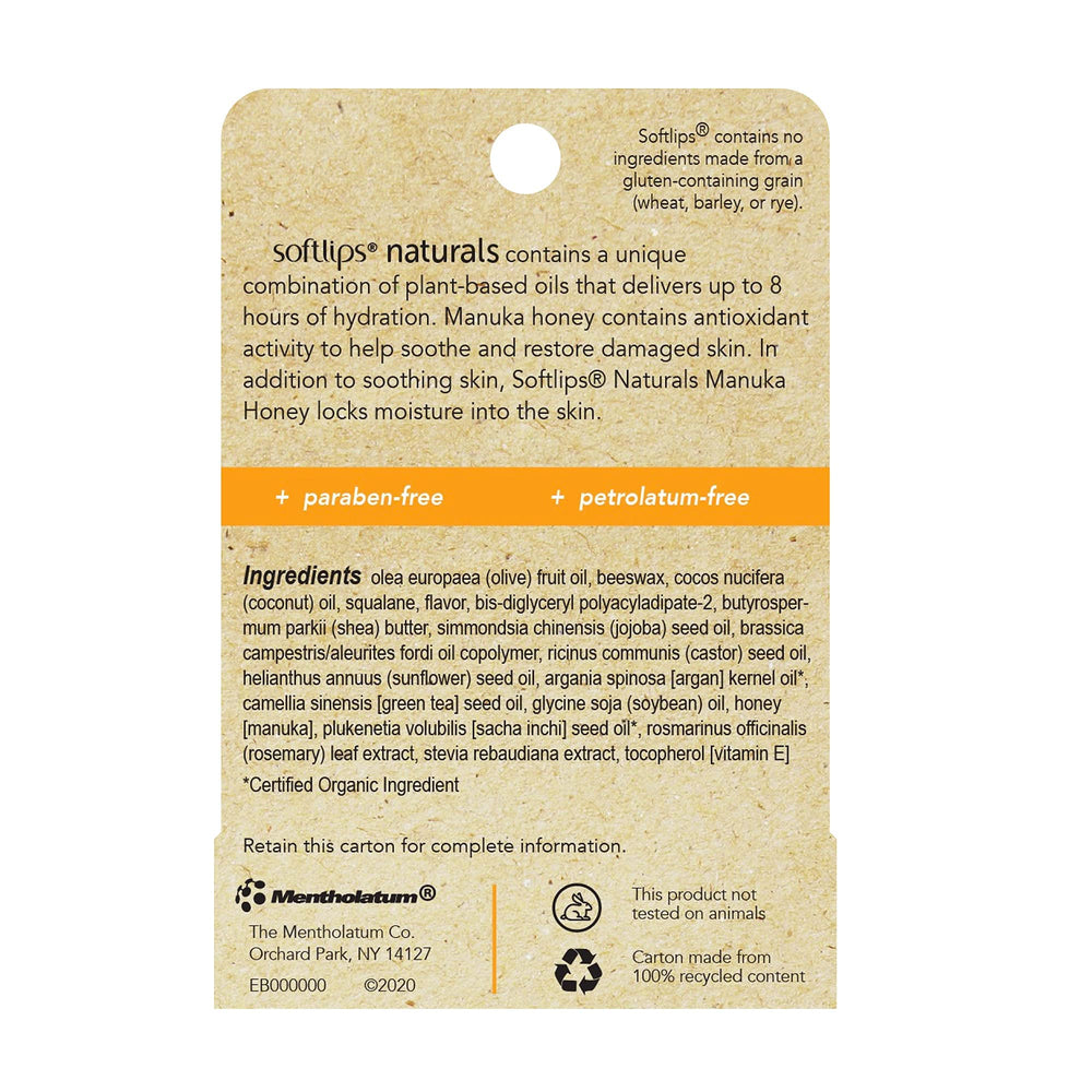 SoftLips Natural Manuka Honey lip balm pack-3 back label shows ingredients and cruelty-free promise.