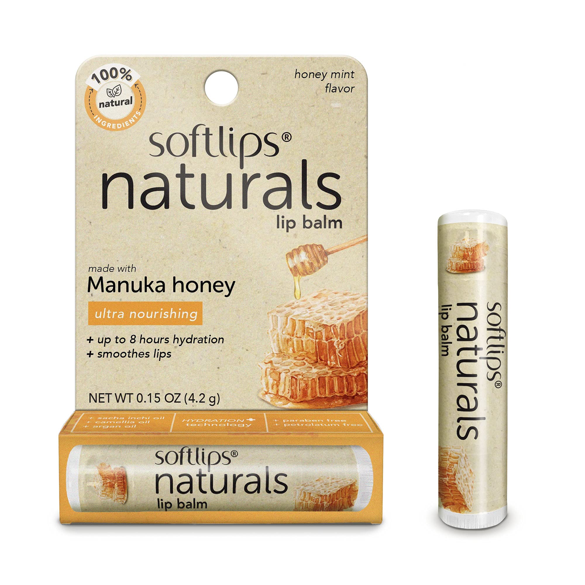 SoftLips Natural Manuka Honey lip balm pack-3 front view for smooth lips and hydration.