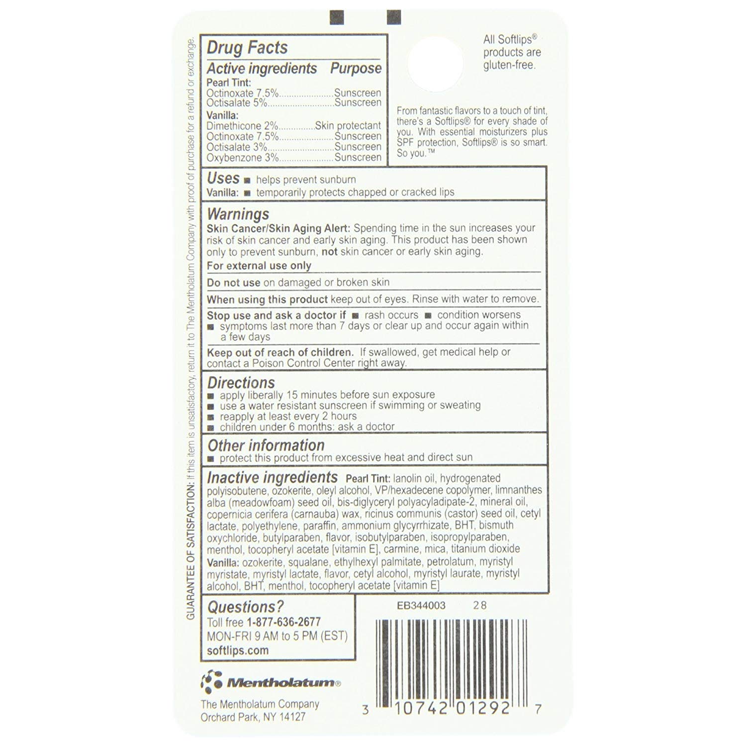 SoftLips Pearl Vanilla SPF20 tube showing vanilla scent and enhanced lip hydration