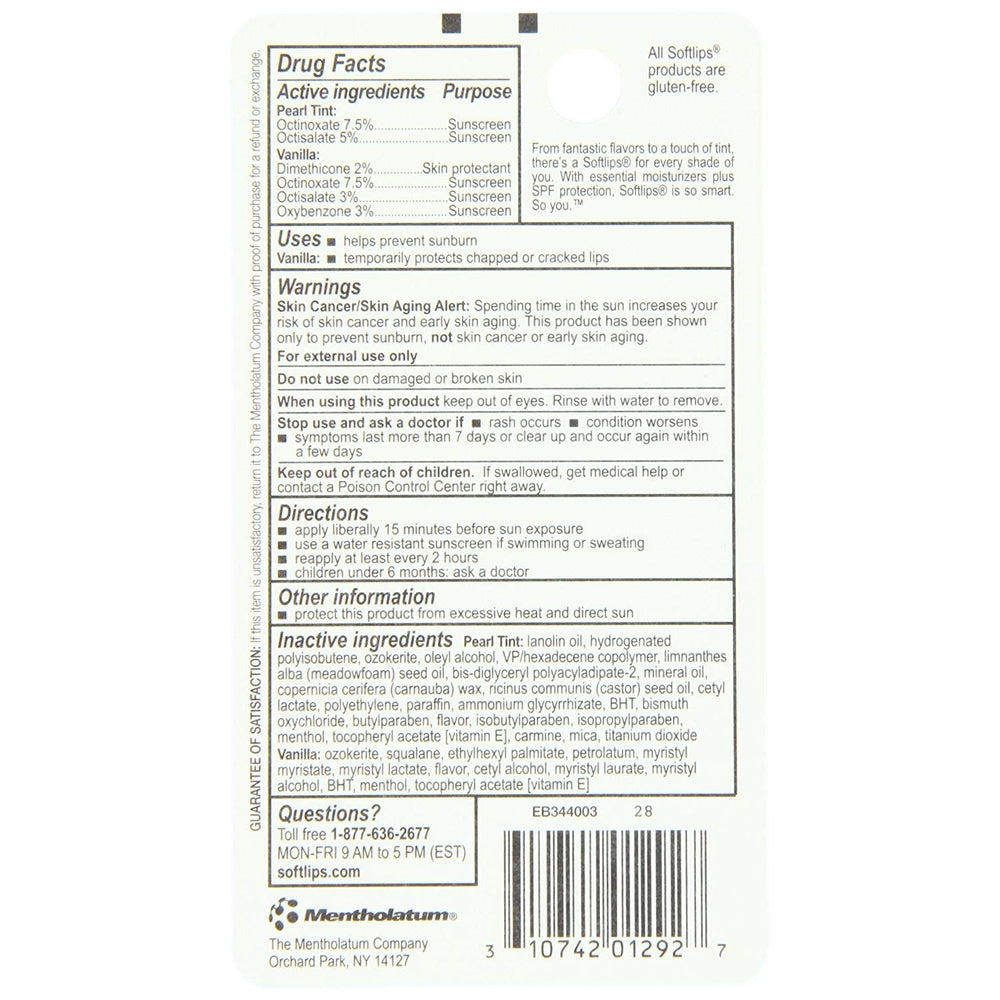 SoftLips Pearl Vanilla SPF20 tube showing vanilla scent and enhanced lip hydration