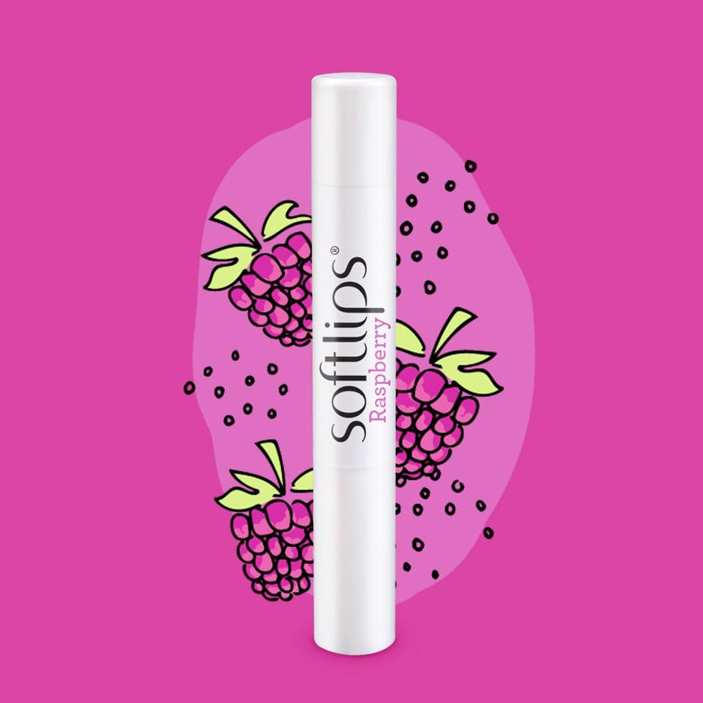 SoftLips Raspberry Lip Balm on lips, soothing berry scent for daily use.