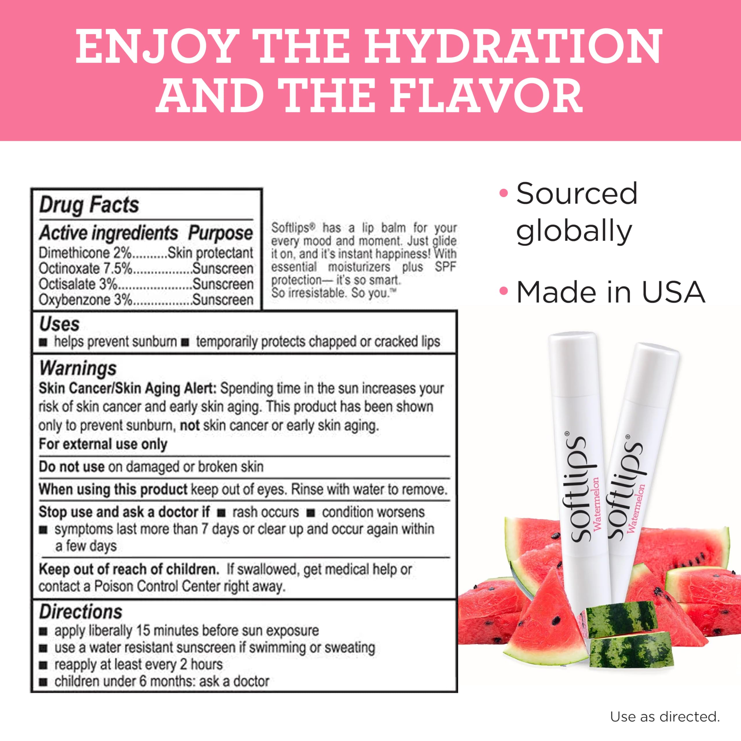 SoftLips Watermelon lip balm packaging and refreshing scent highlight.