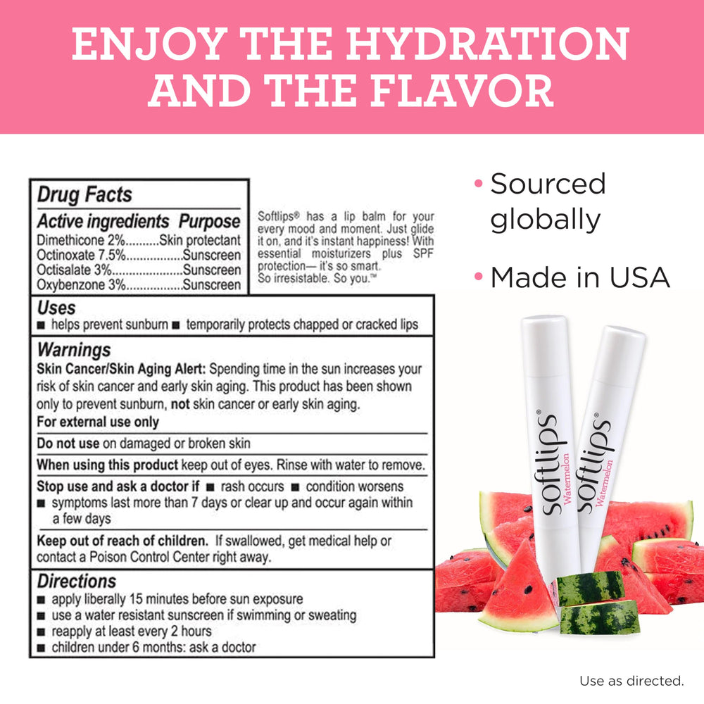 SoftLips Watermelon lip balm packaging and refreshing scent highlight.