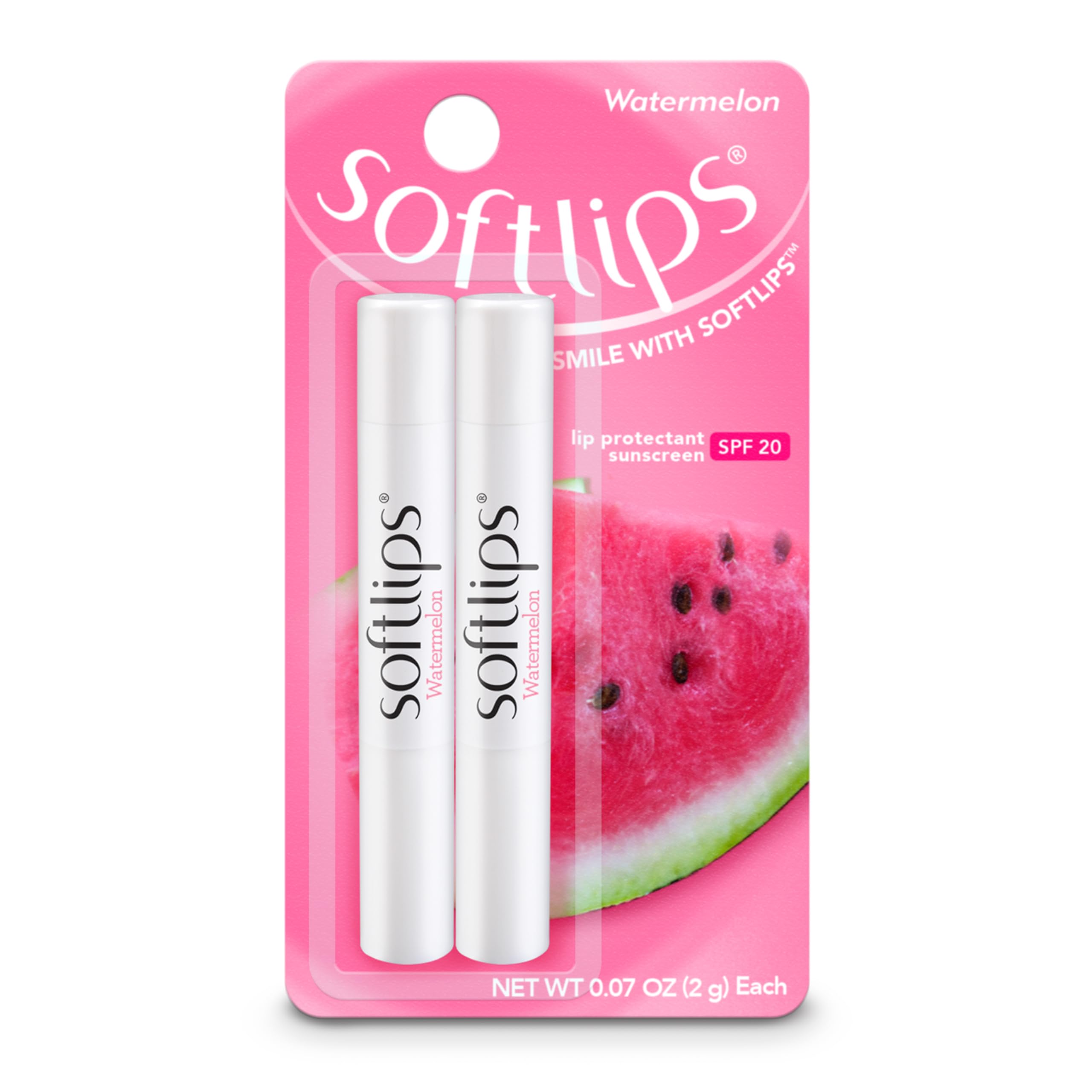 SoftLips Watermelon Lip Balm 2-pack with SPF 20 for daily hydration and protection.