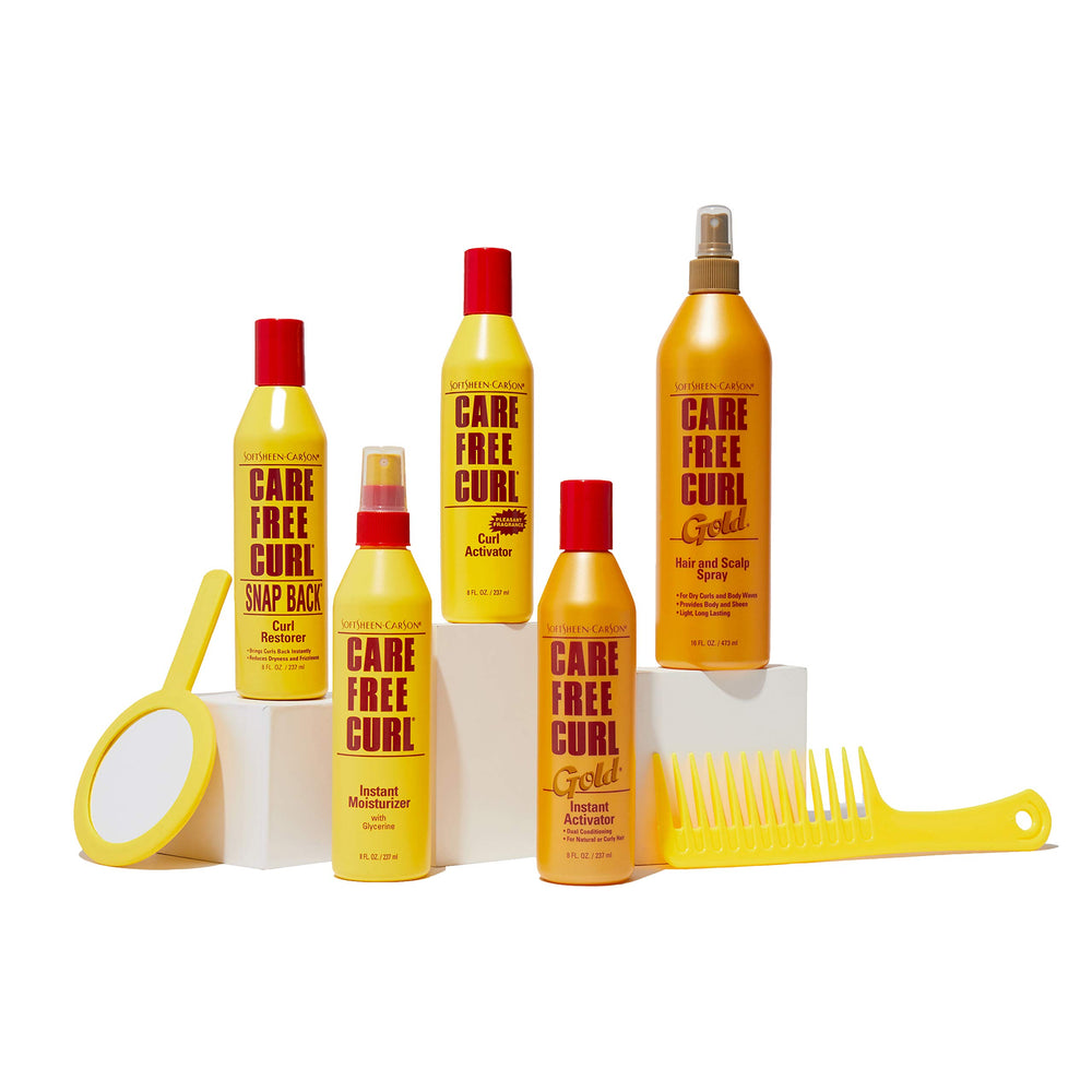 Night routine with Care Free Curl Gold bottle on shelf