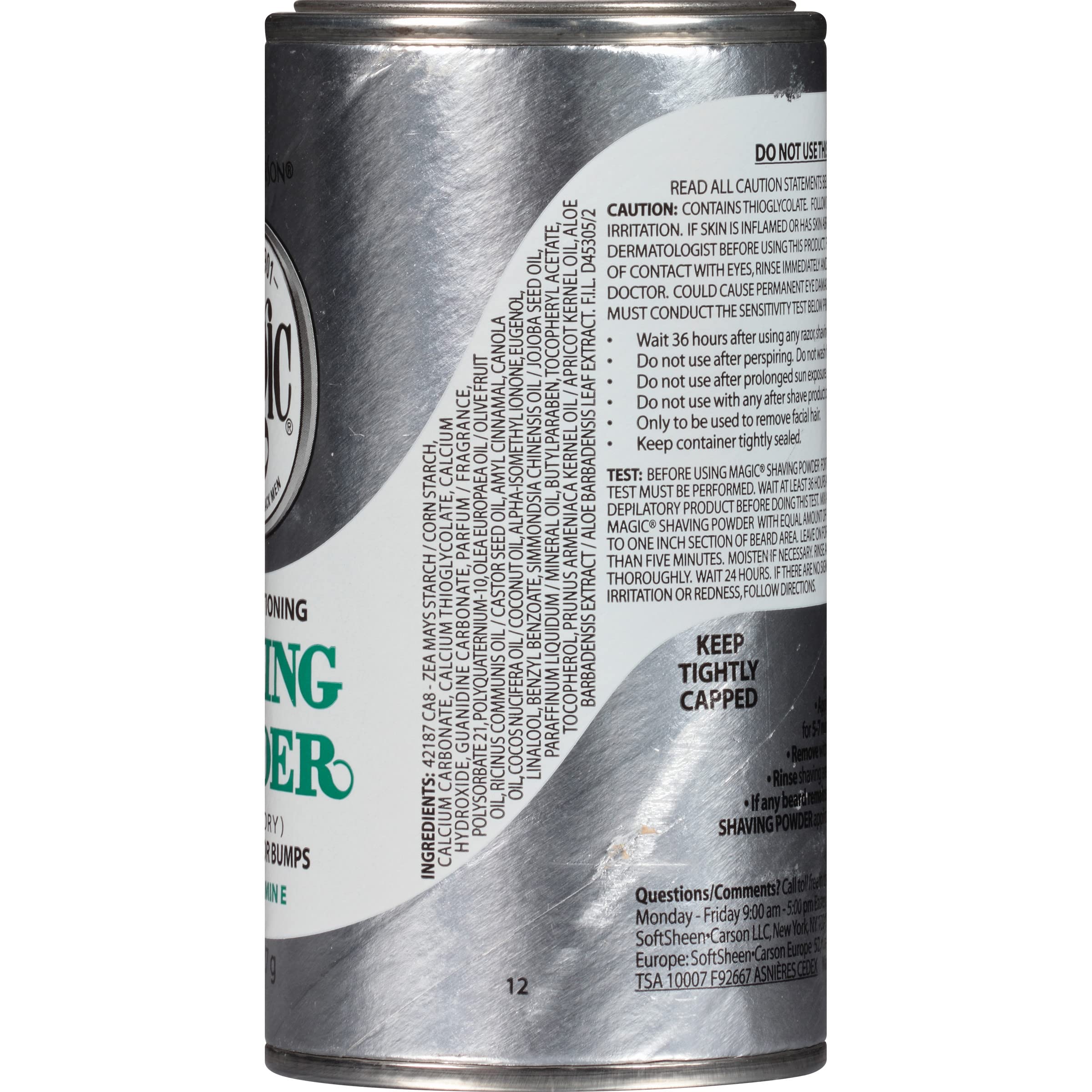 SoftSheen Magic Razorless Shaving Powder jar close-up highlighting conditioning formula