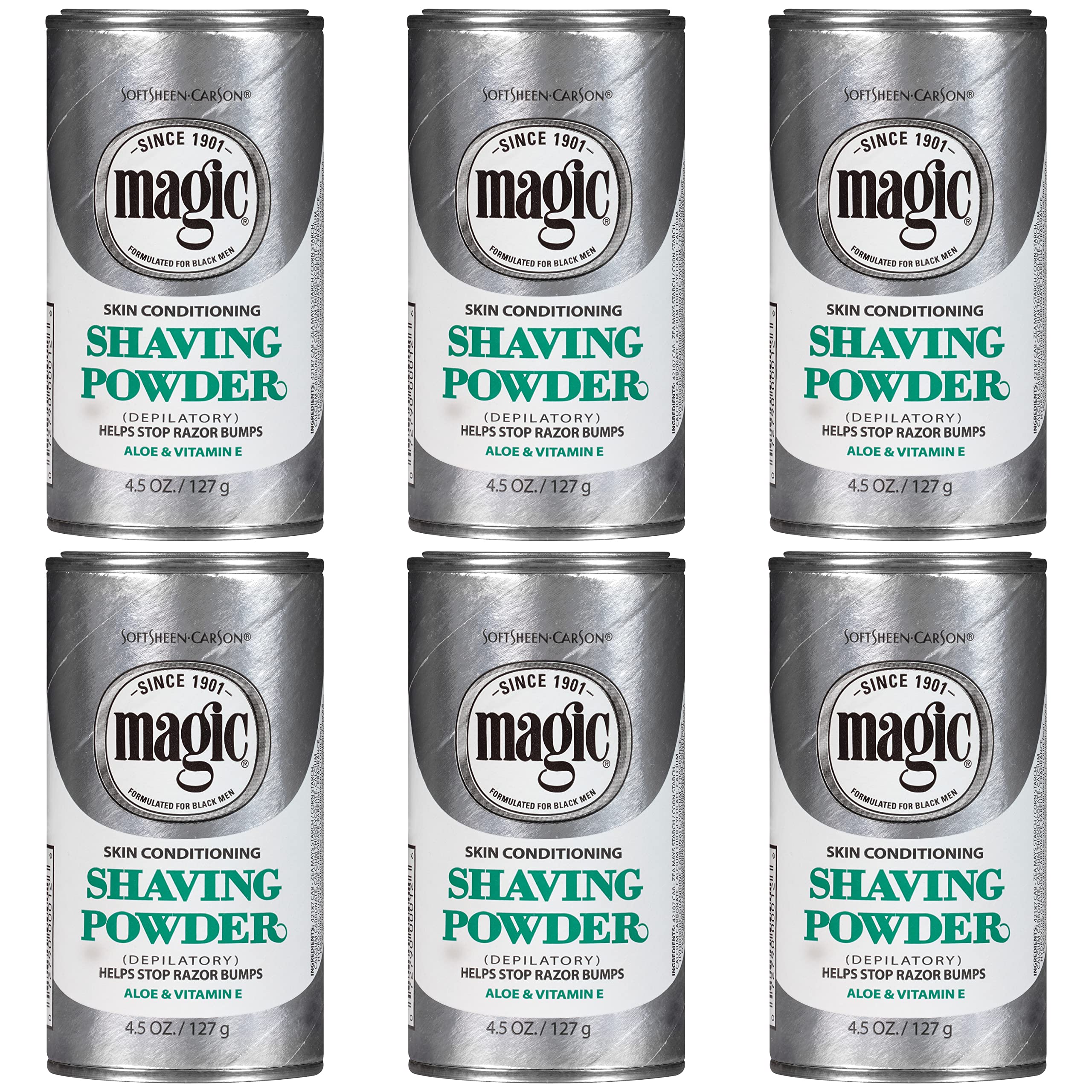 SoftSheen Magic Razorless Shaving Powder pack front showing six-pack conditioning