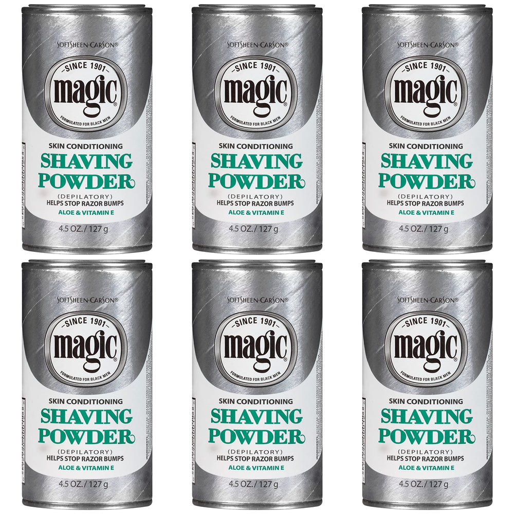 SoftSheen Magic Razorless Shaving Powder pack front showing six-pack conditioning