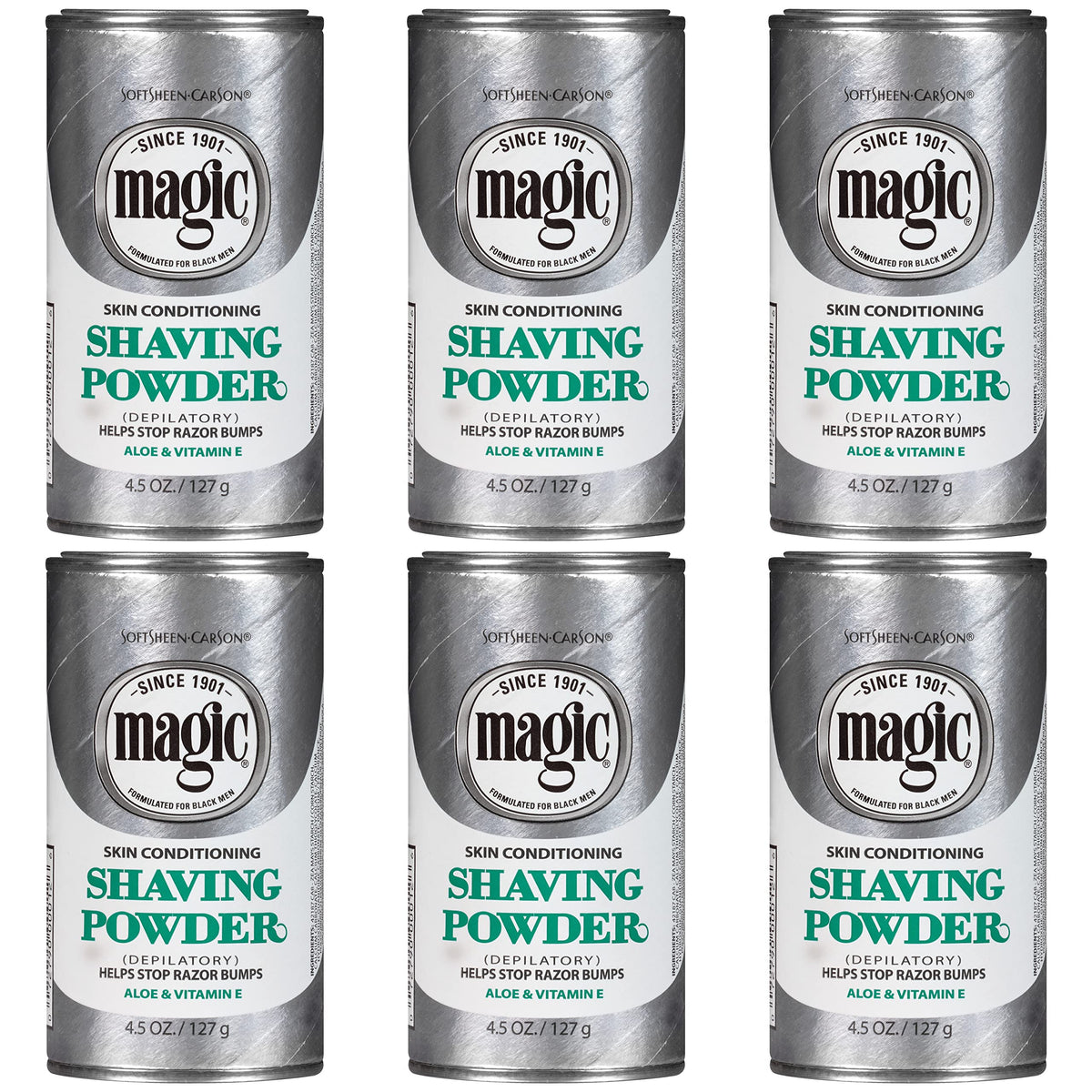 SoftSheen Magic Razorless Shaving Powder pack front showing six-pack conditioning