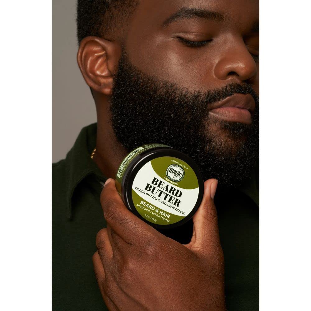 SoftSheen Magic Beard Butter application on beard for smooth definition.