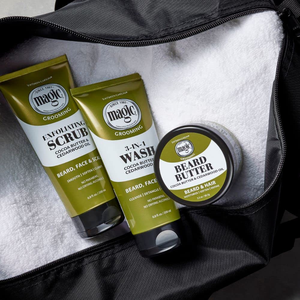 SoftSheen Magic Beard Butter packaging with no drying alcohol claim.