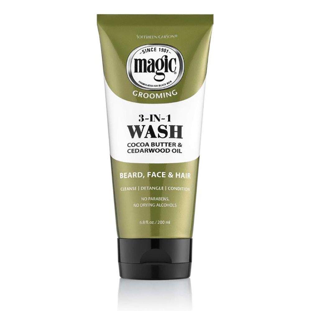 SoftSheen Magic Beard Wash bottle with 3-in-1 formula for face, beard and hair, gentle from the start.