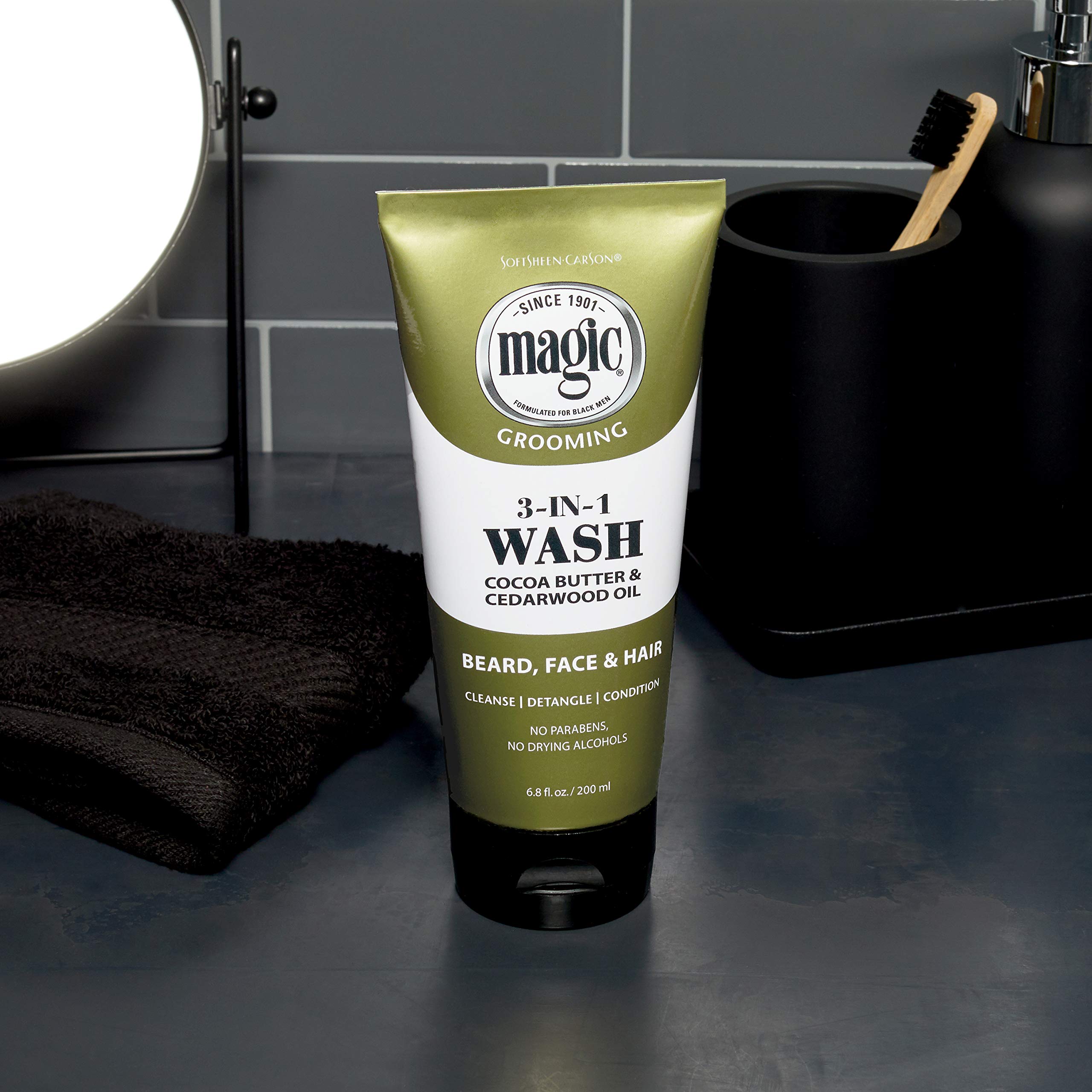 SoftSheen Magic Beard Wash enriched with cocoa and shea butter for soft skin.