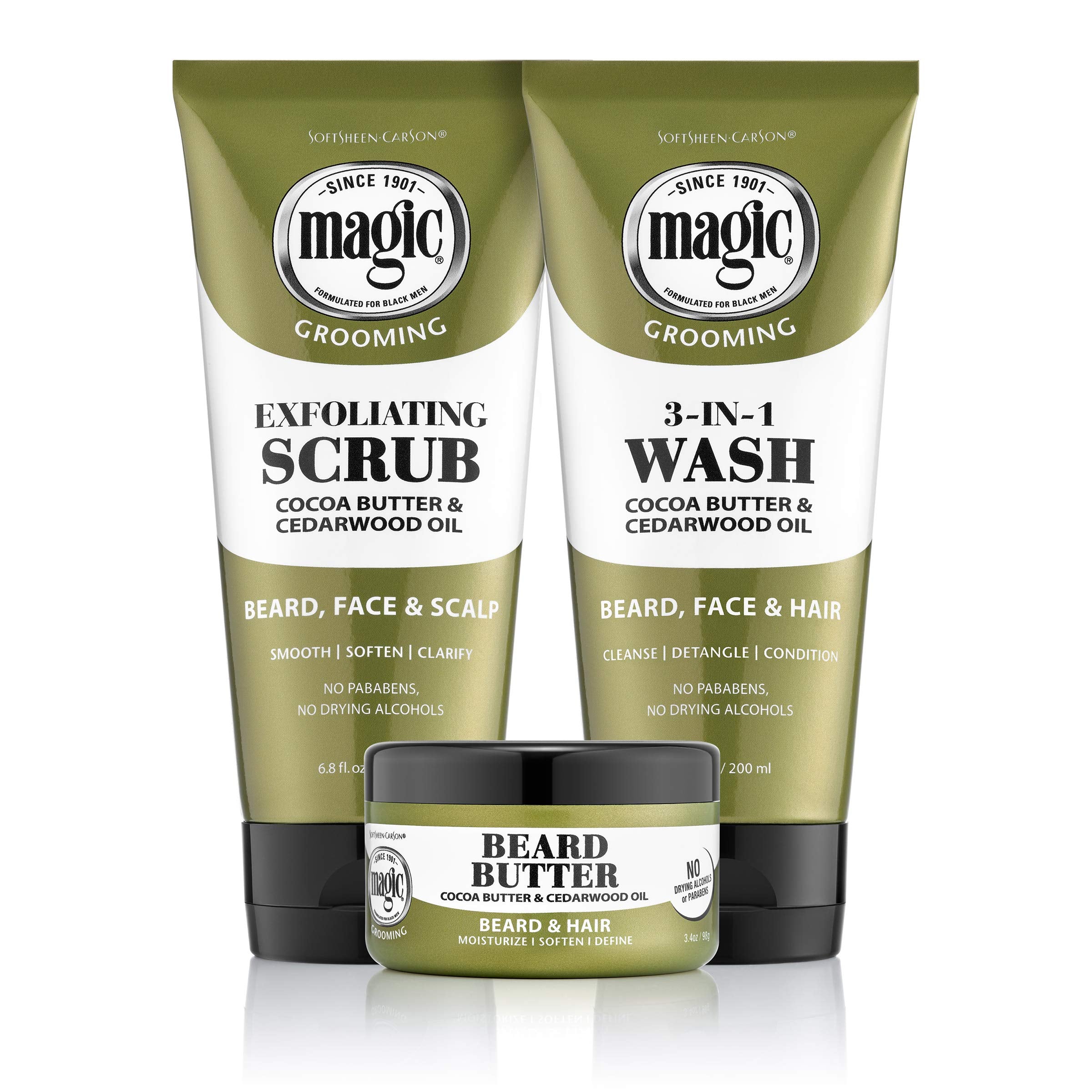 SoftSheen Magic Beard Wash cleanses and conditions hair for daily softness.