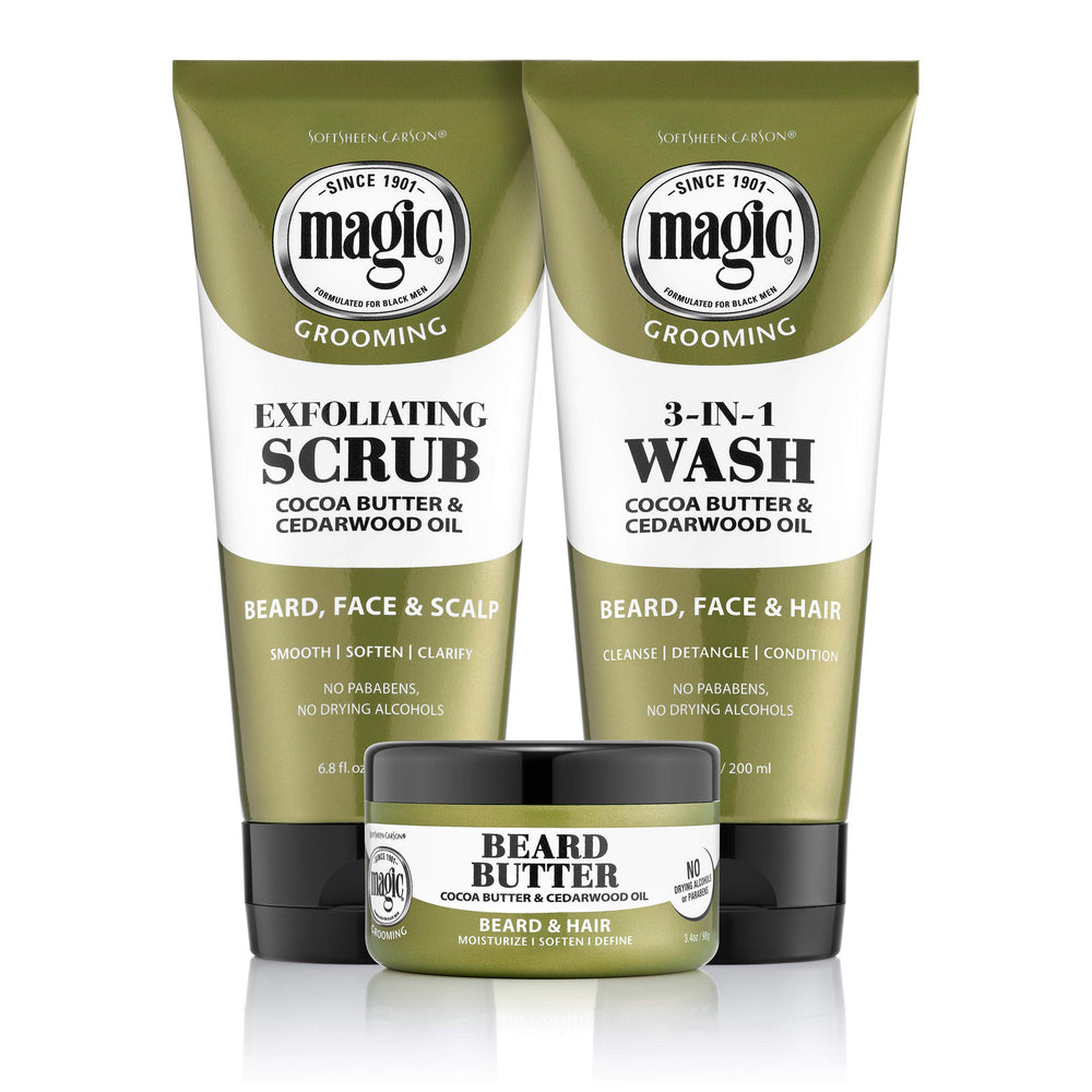 SoftSheen Magic Beard Wash cleanses and conditions hair for daily softness.