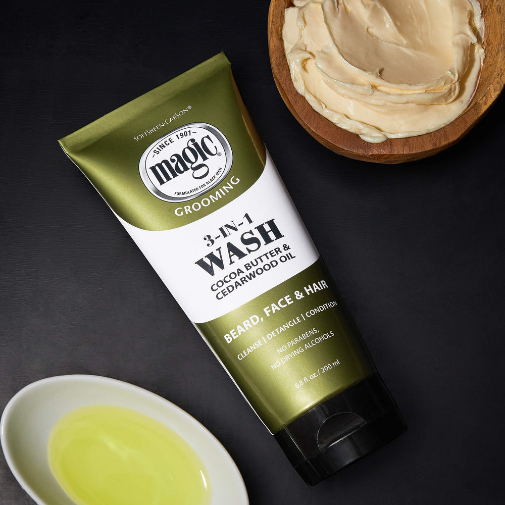SoftSheen Magic Beard Wash free from mineral oils for gentle daily cleansing.