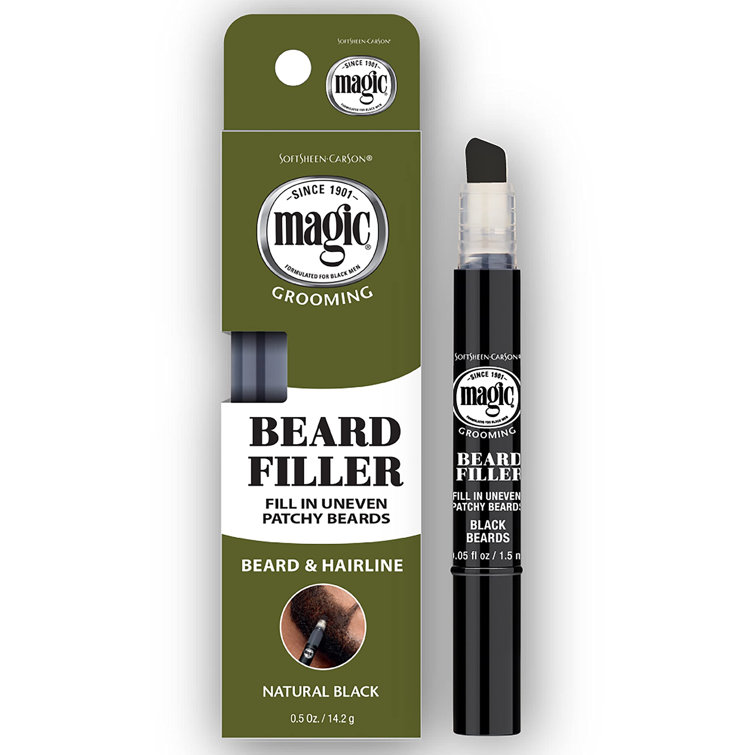 SoftSheen Magic Grooming Beard Filler Pencil close-up showing natural patchy beard coverage.