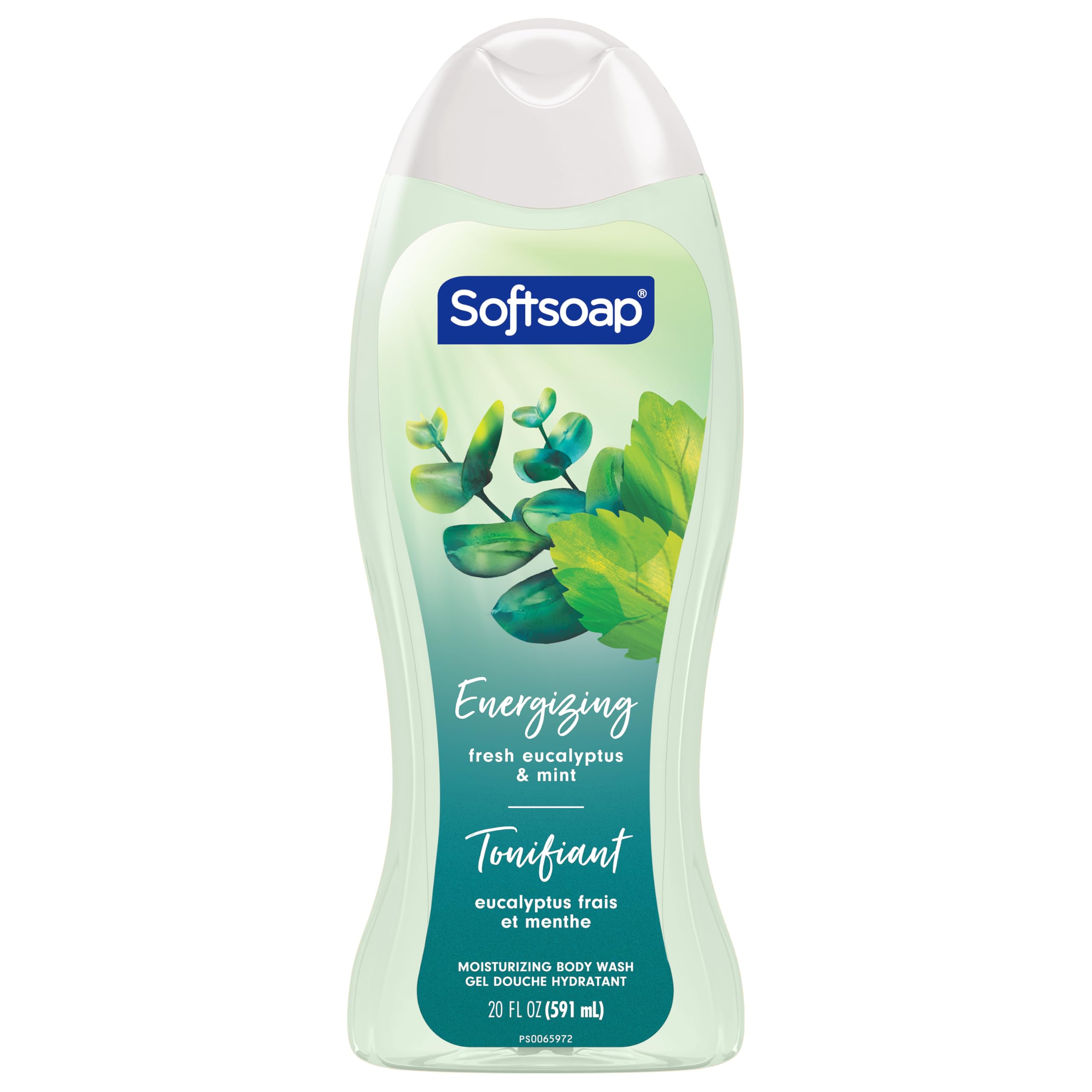 Softsoap label highlighting biodegradable cleaning ingredients icon.