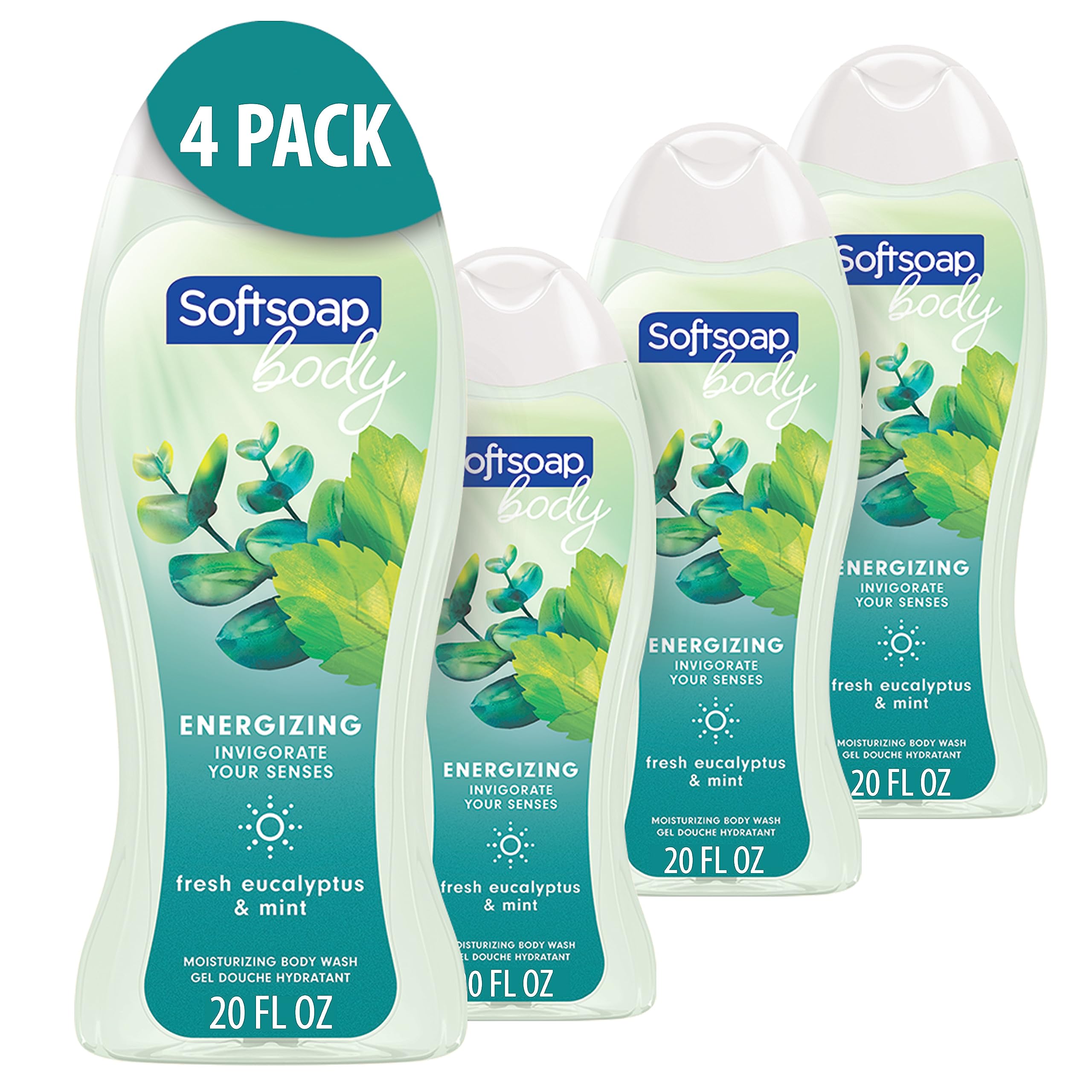 Softsoap Mint and Eucalyptus body wash bottle front, highlighting moisturizing formula for dry skin.