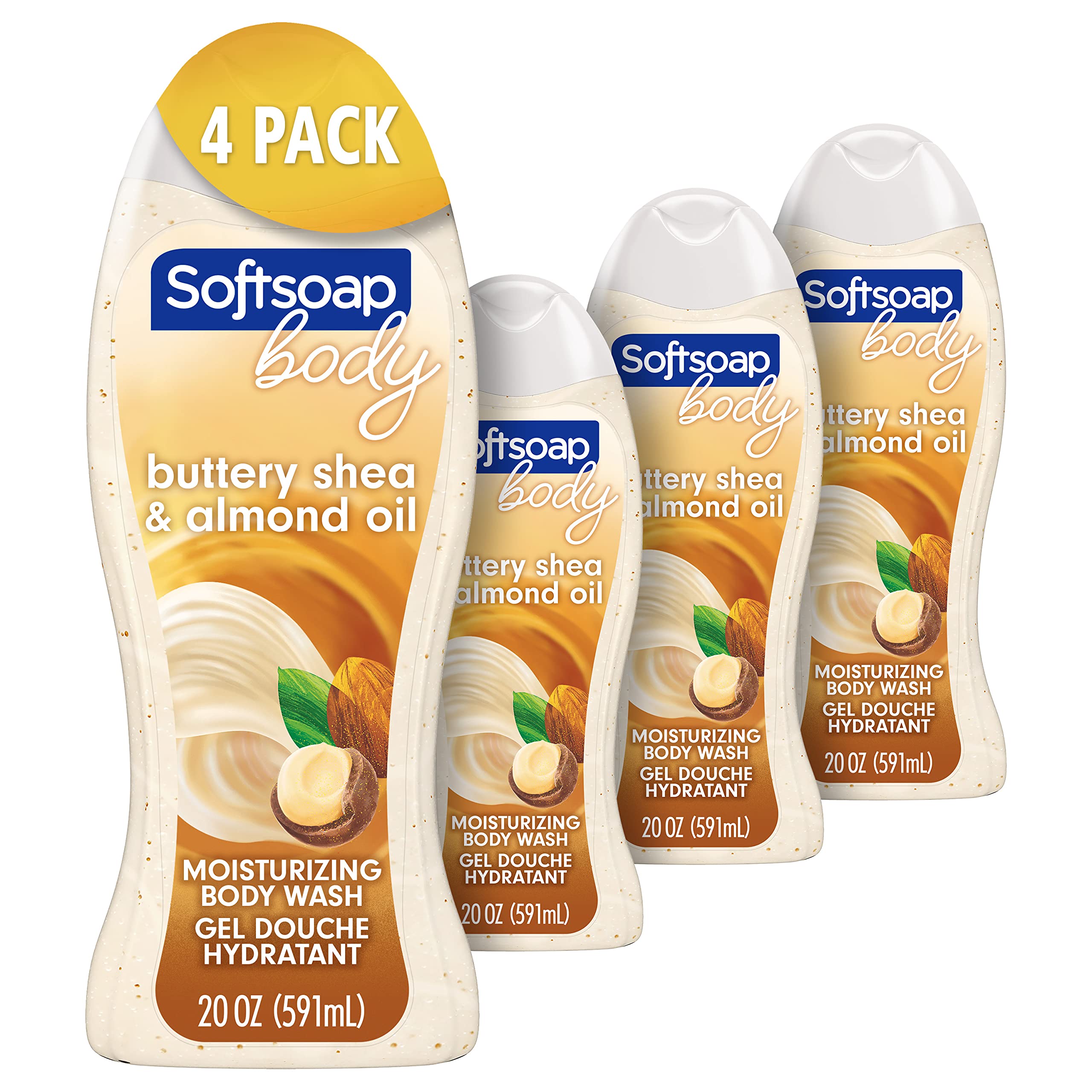 Softsoap moisturizing body wash bottle front view with shea and almond oil for nourished skin.