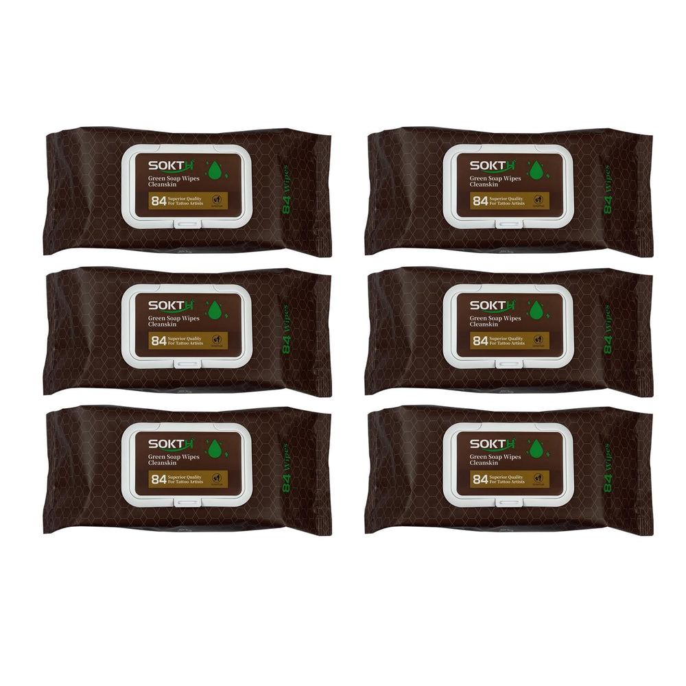 SOKTH premixed green soap tattoo wipes in packaging for quick, hygienic cleaning.