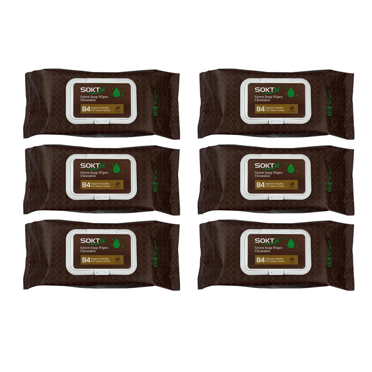 SOKTH premixed green soap tattoo wipes in packaging for quick, hygienic cleaning.