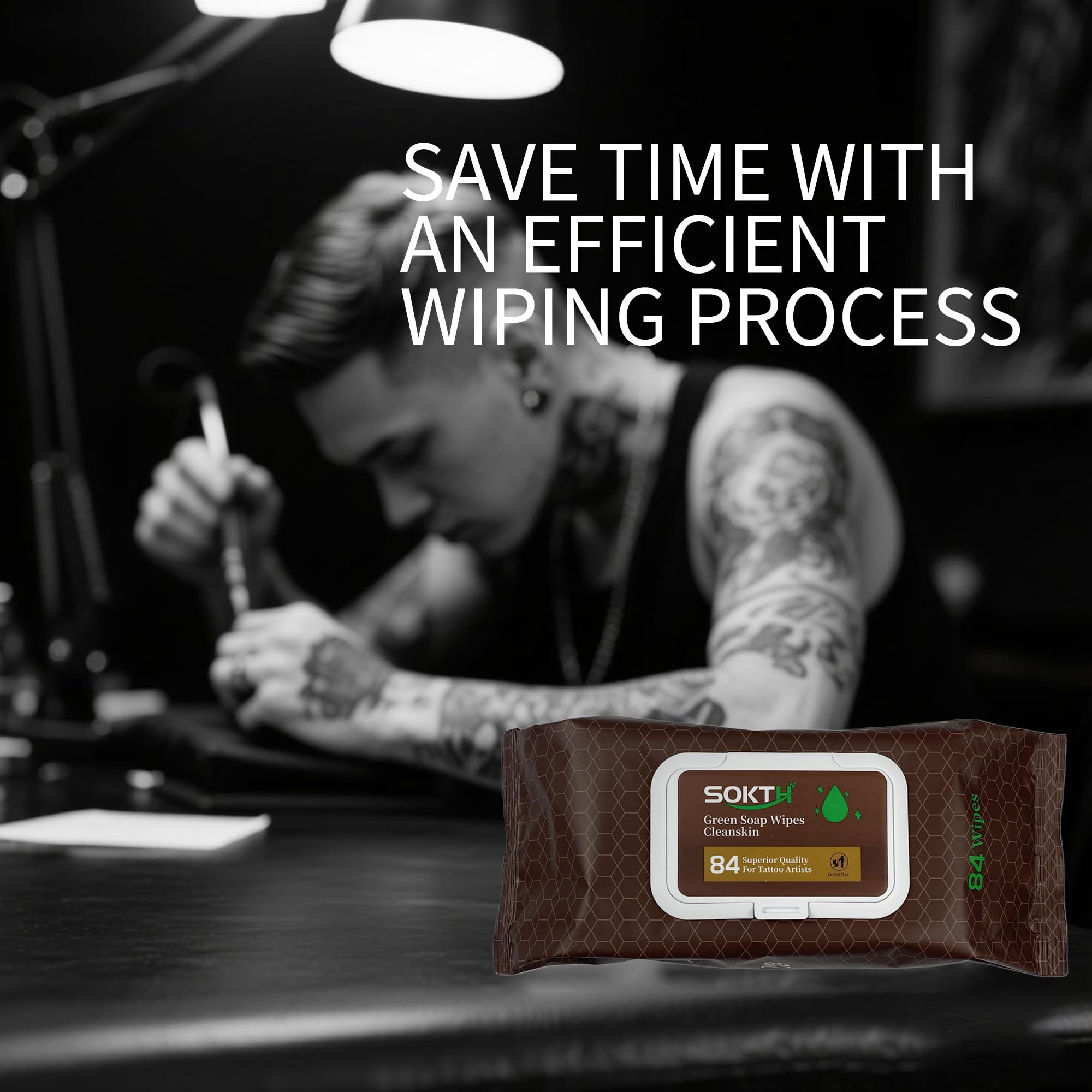 SOKTH premixed green soap wipe ready for use during tattoo procedures.