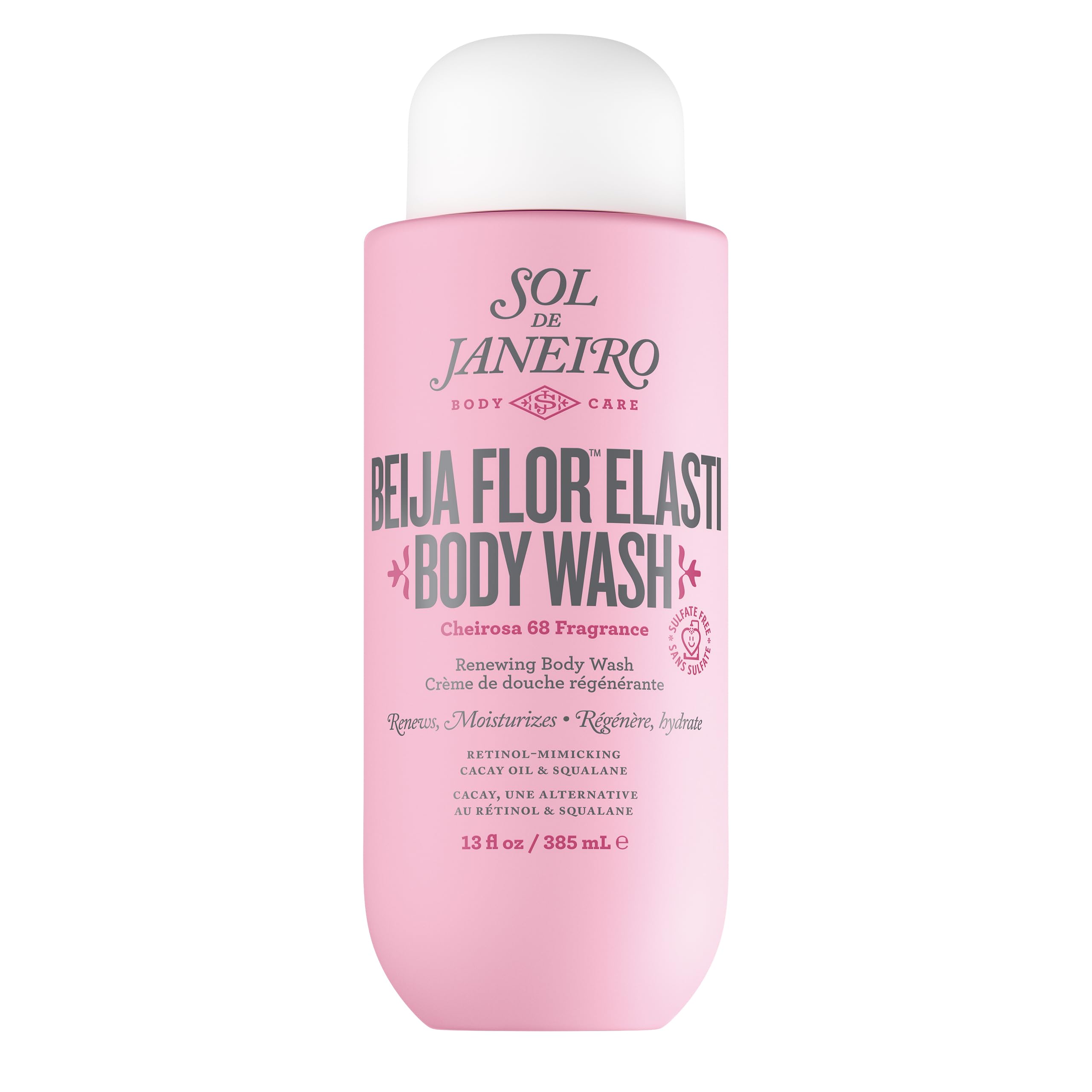 Sol de Janeiro Beija Flor Body Wash bottle closeup shows the gel formula for moisturizing cleanse