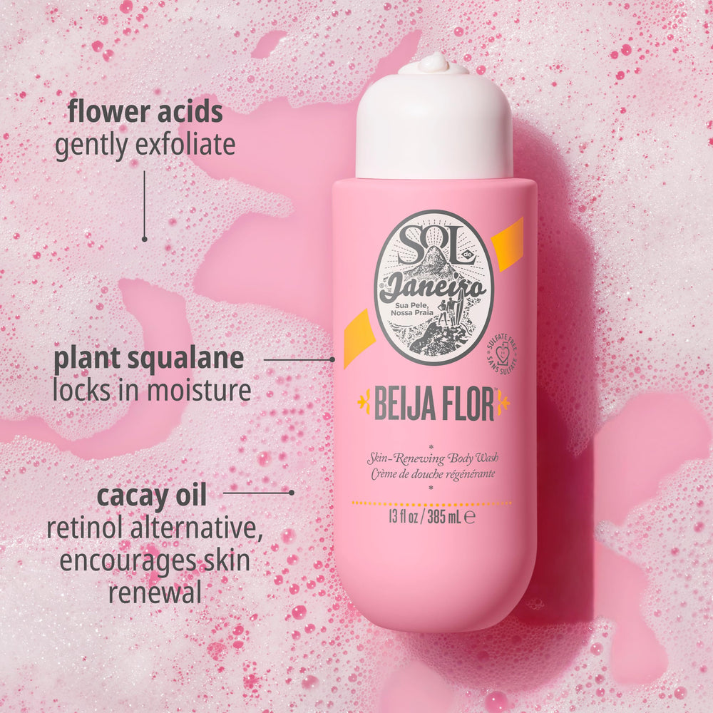 Sol de Janeiro Beija Flor Body Wash packaging closeup reveals vibrant design