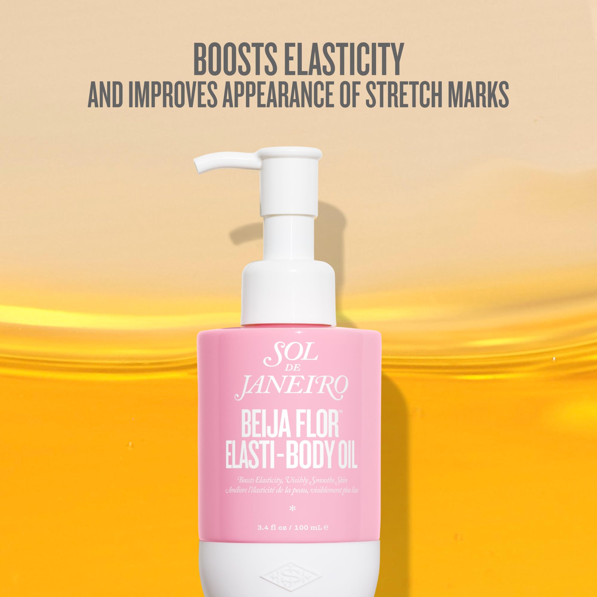 Sol de Janeiro Beija Flor Elasti-Body Oil label close-up hints at premium elasticity support.